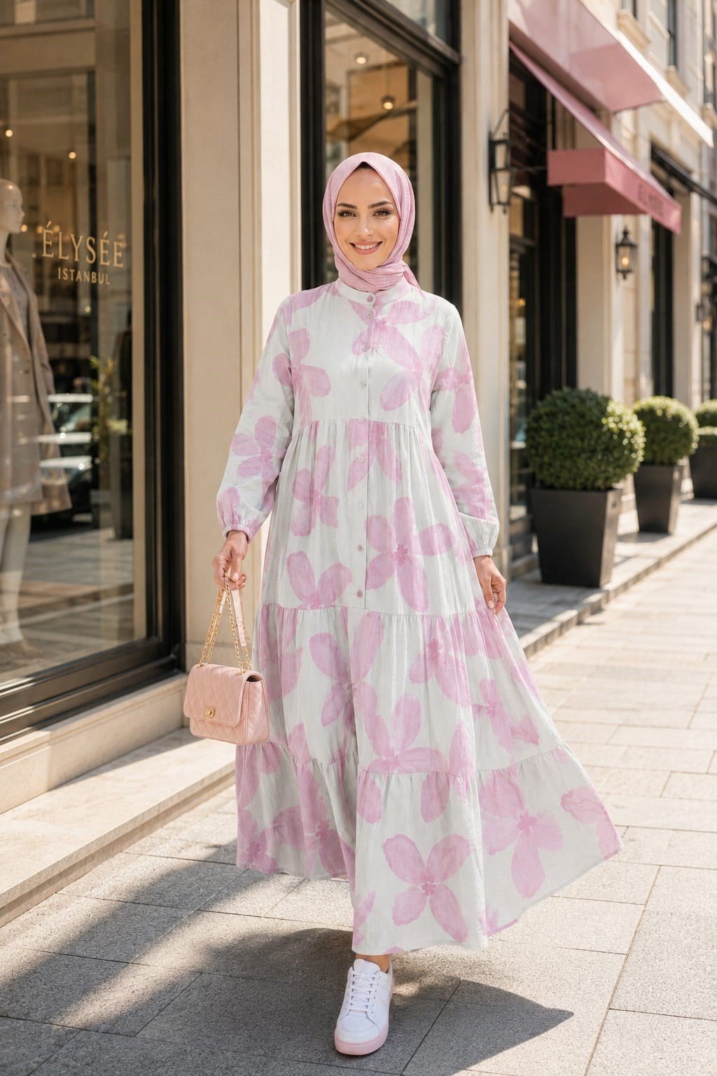 Kadın Düğmeli Modal Desenl Pembe Elbise