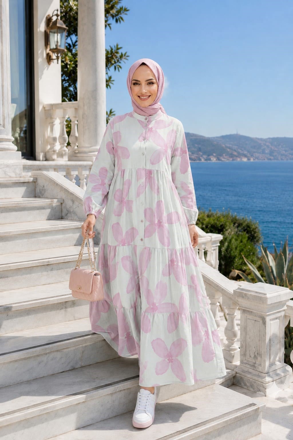Kadın Düğmeli Modal Desenl Pembe Elbise