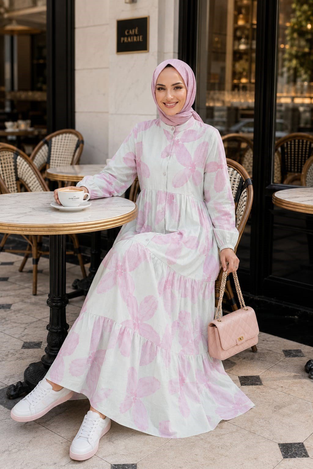 Kadın Düğmeli Modal Desenl Pembe Elbise