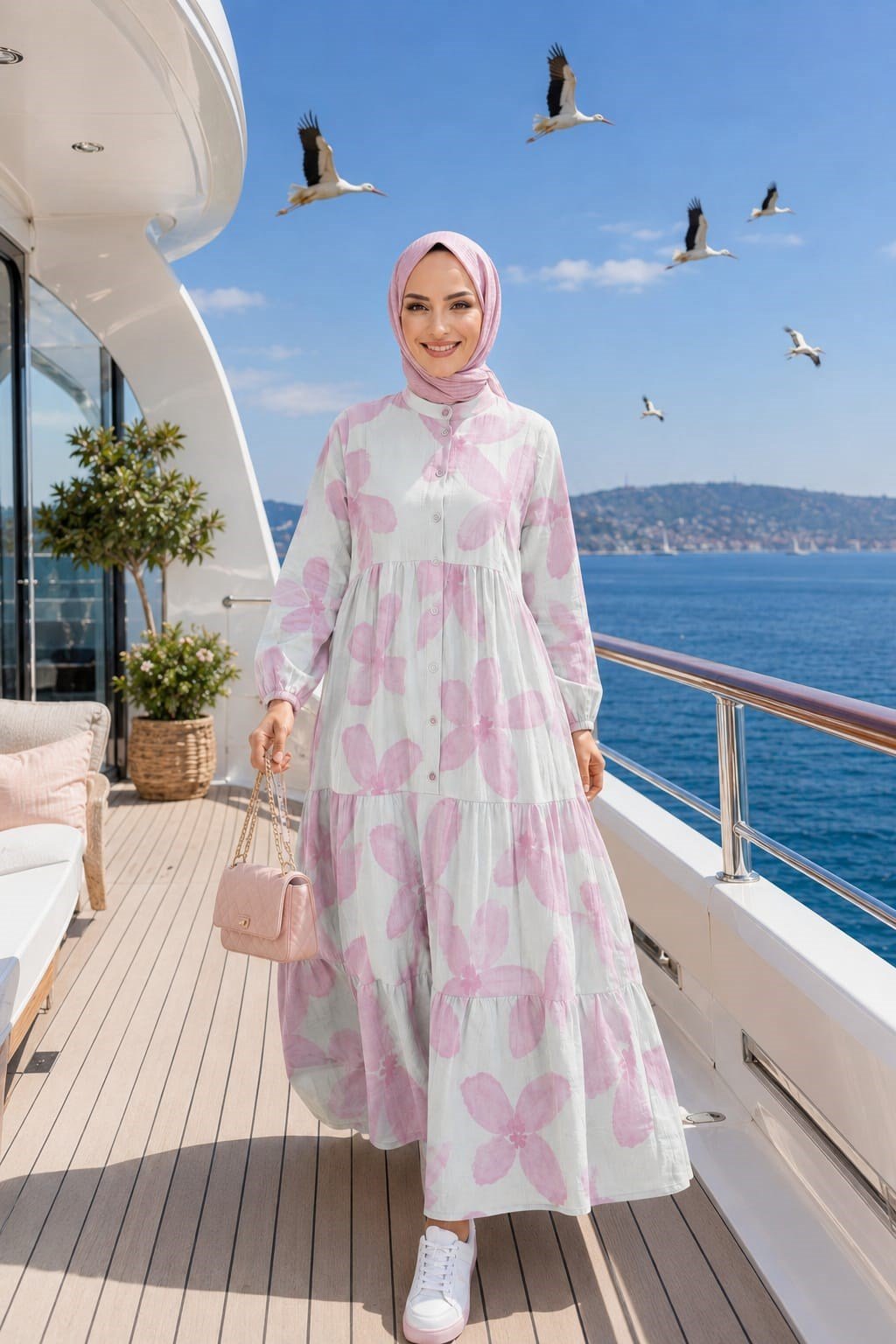 Kadın Düğmeli Modal Desenl Pembe Elbise