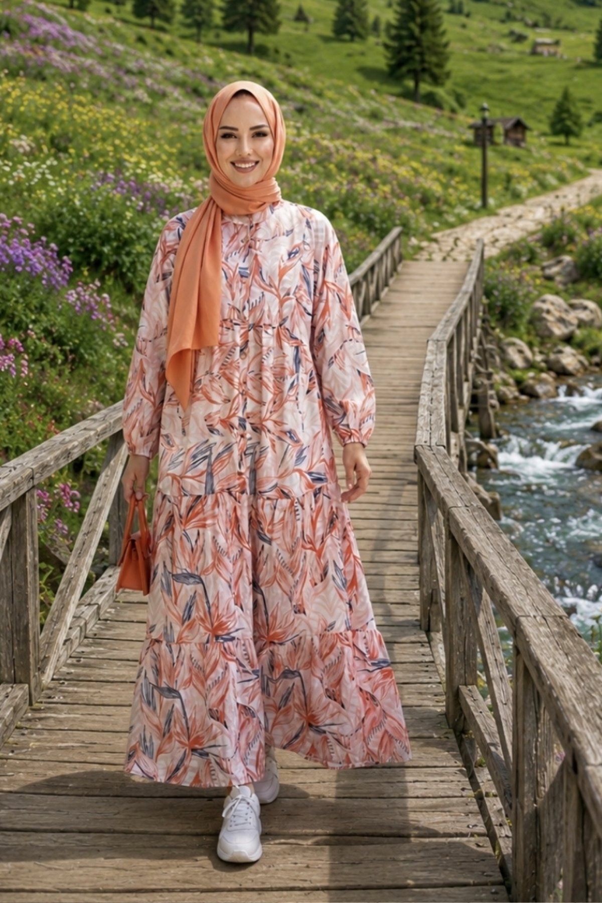 Kadın Düğmeli  Modal Kumaş Desenli Kırmızı Elbise
