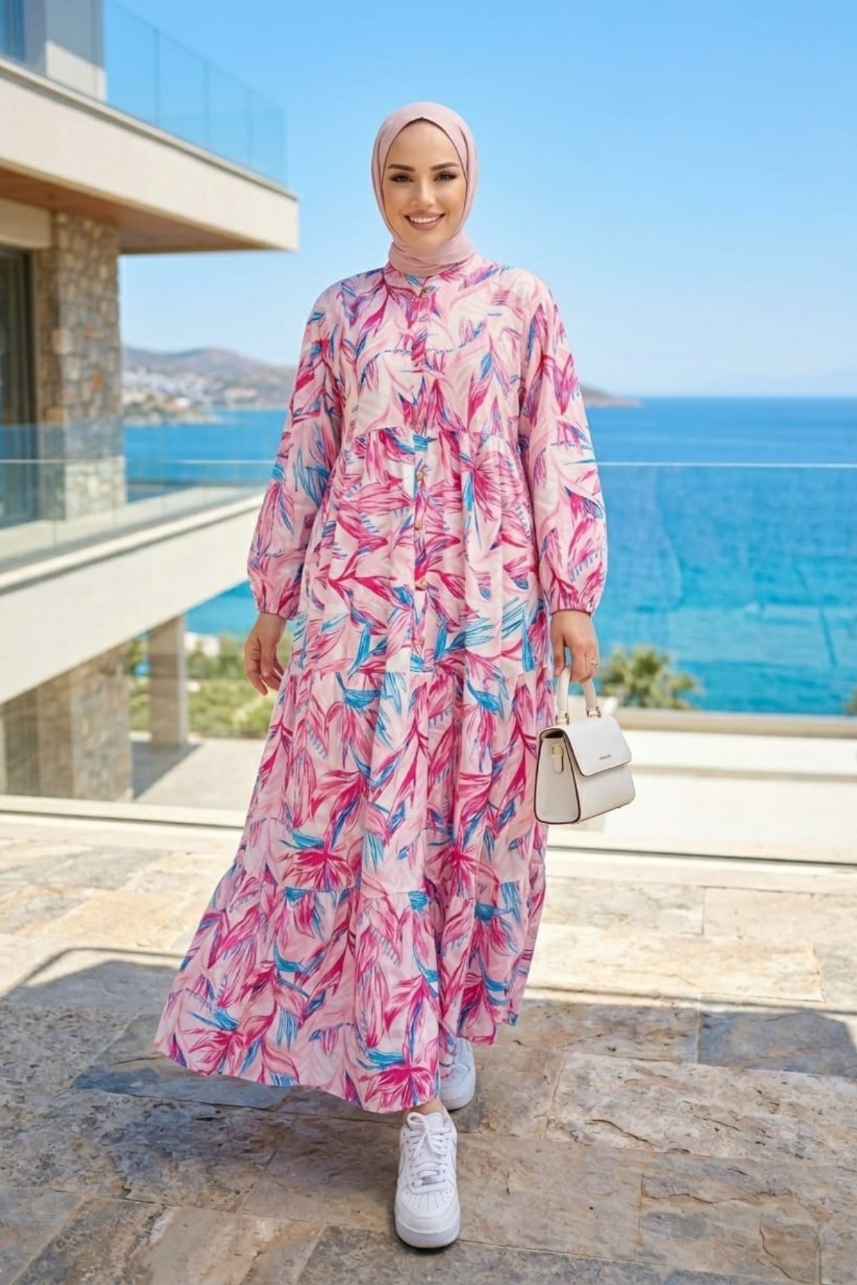 Kadın Düğmeli  Modal Kumaş Desenli Pembe Elbise
