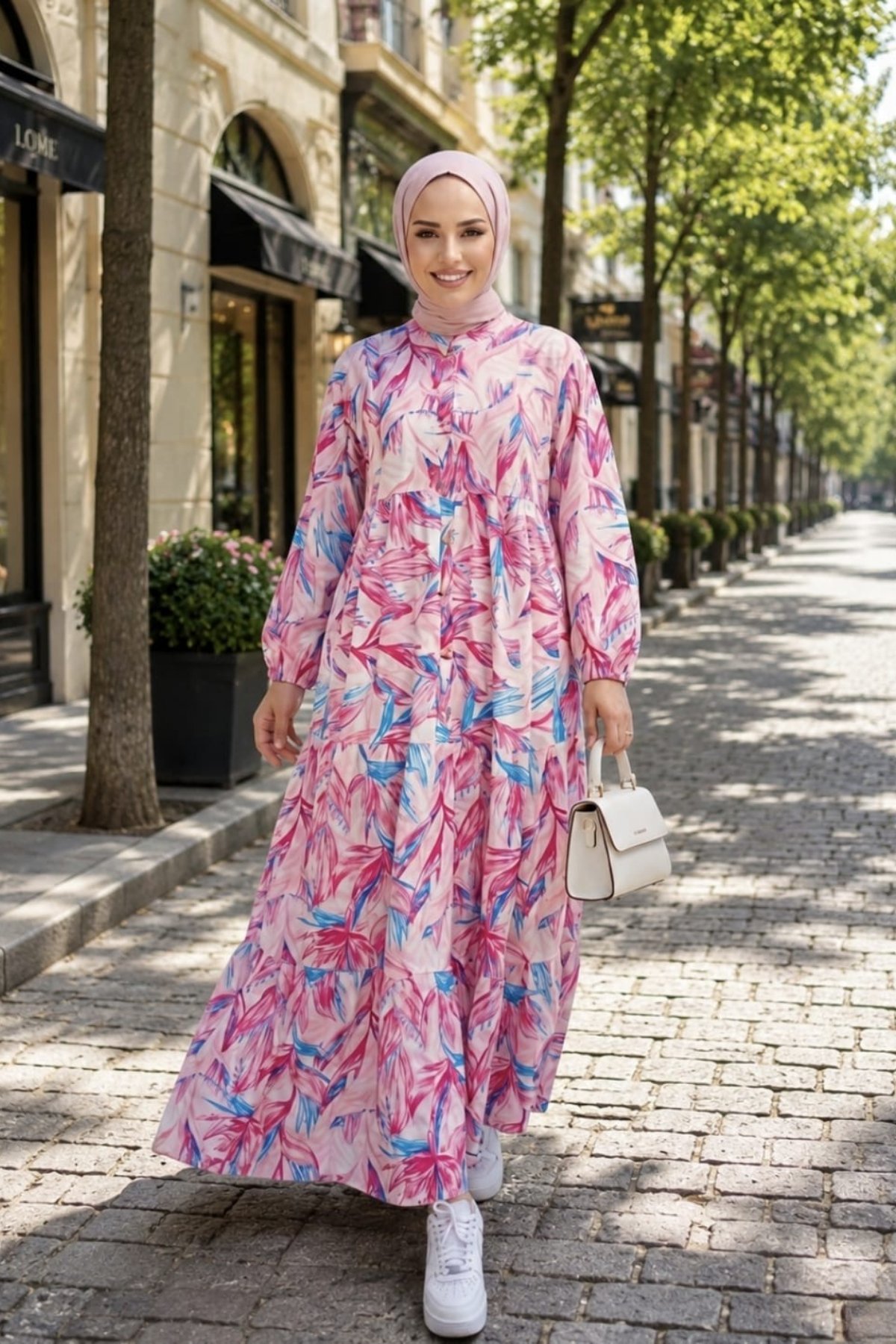 Kadın Düğmeli  Modal Kumaş Desenli Pembe Elbise