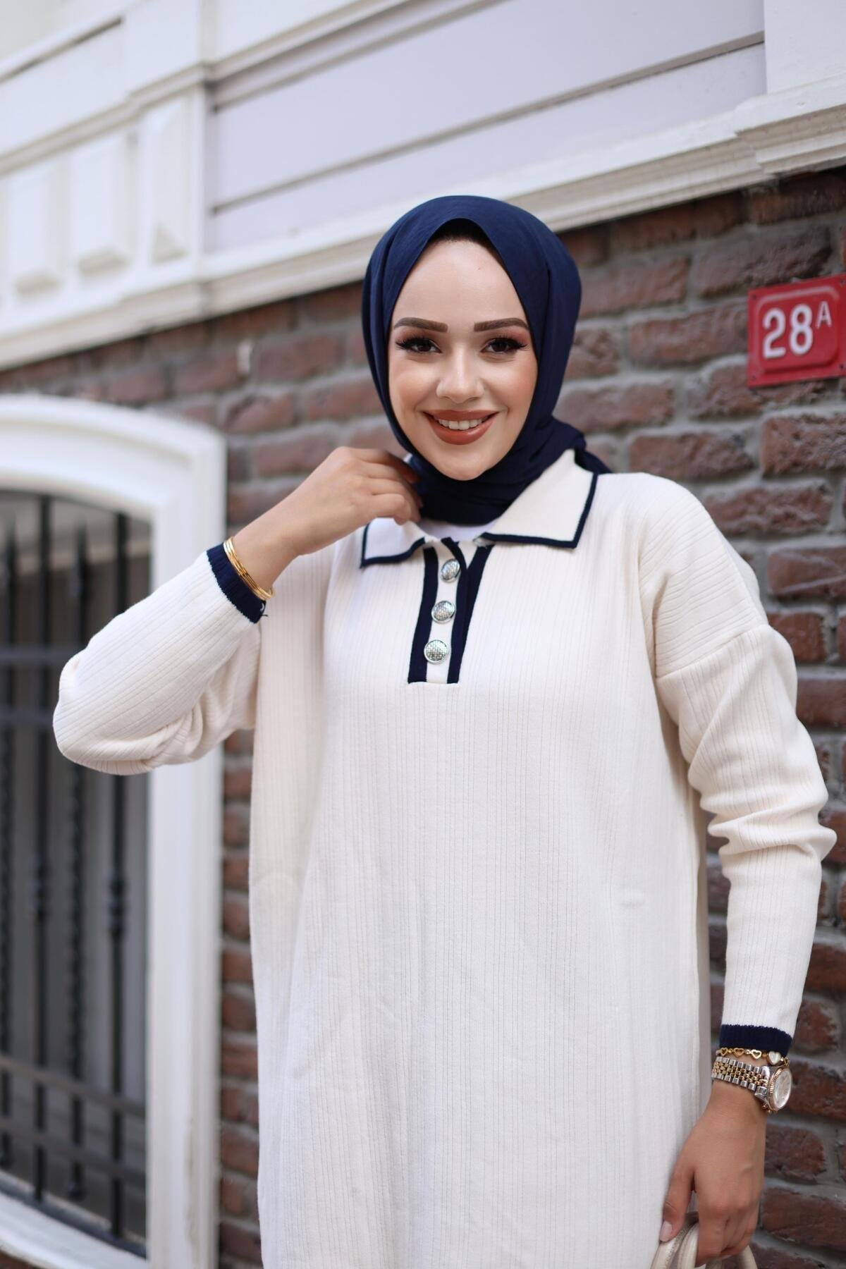 KADIN DÜĞMELİ V YAKA FİTİLLİ TRİKO TESETTÜR ELBİSE