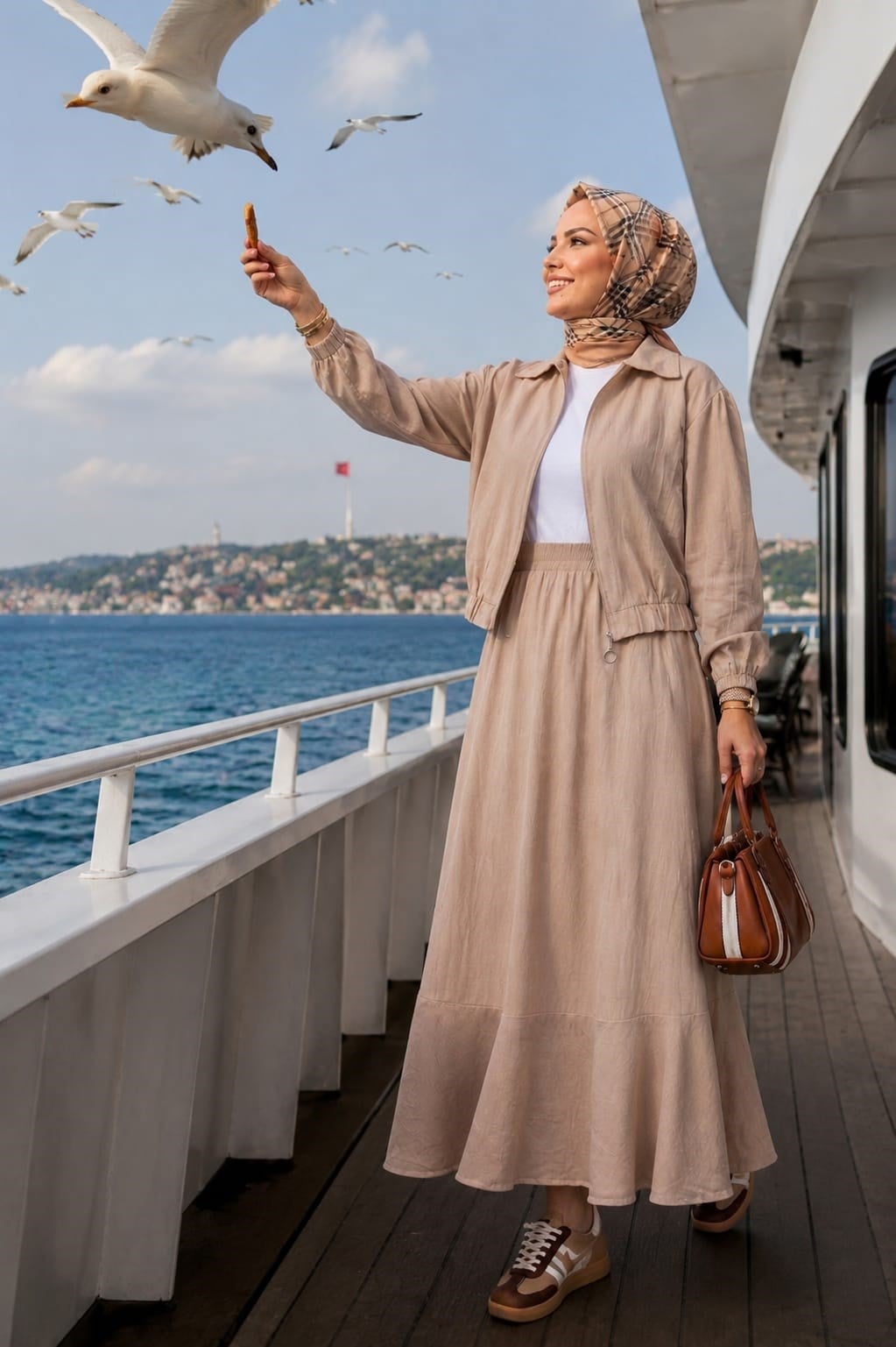 Kadın Fermuarlı Çilek Kumaş Bej Ceket Etek İkili Takım