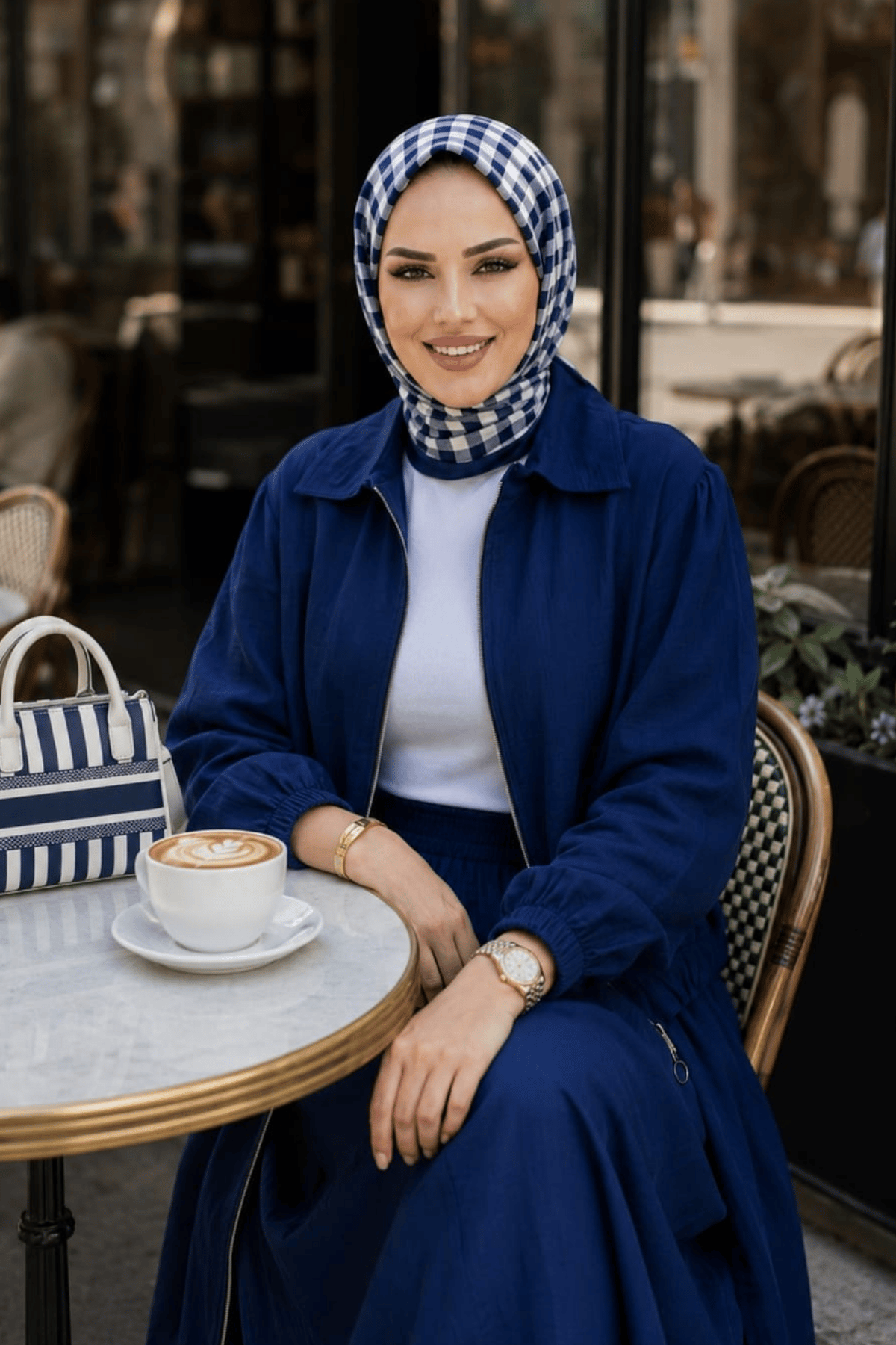 Kadın Fermuarlı Çilek Kumaş Lacivert  Ceket Etek İkili Takım