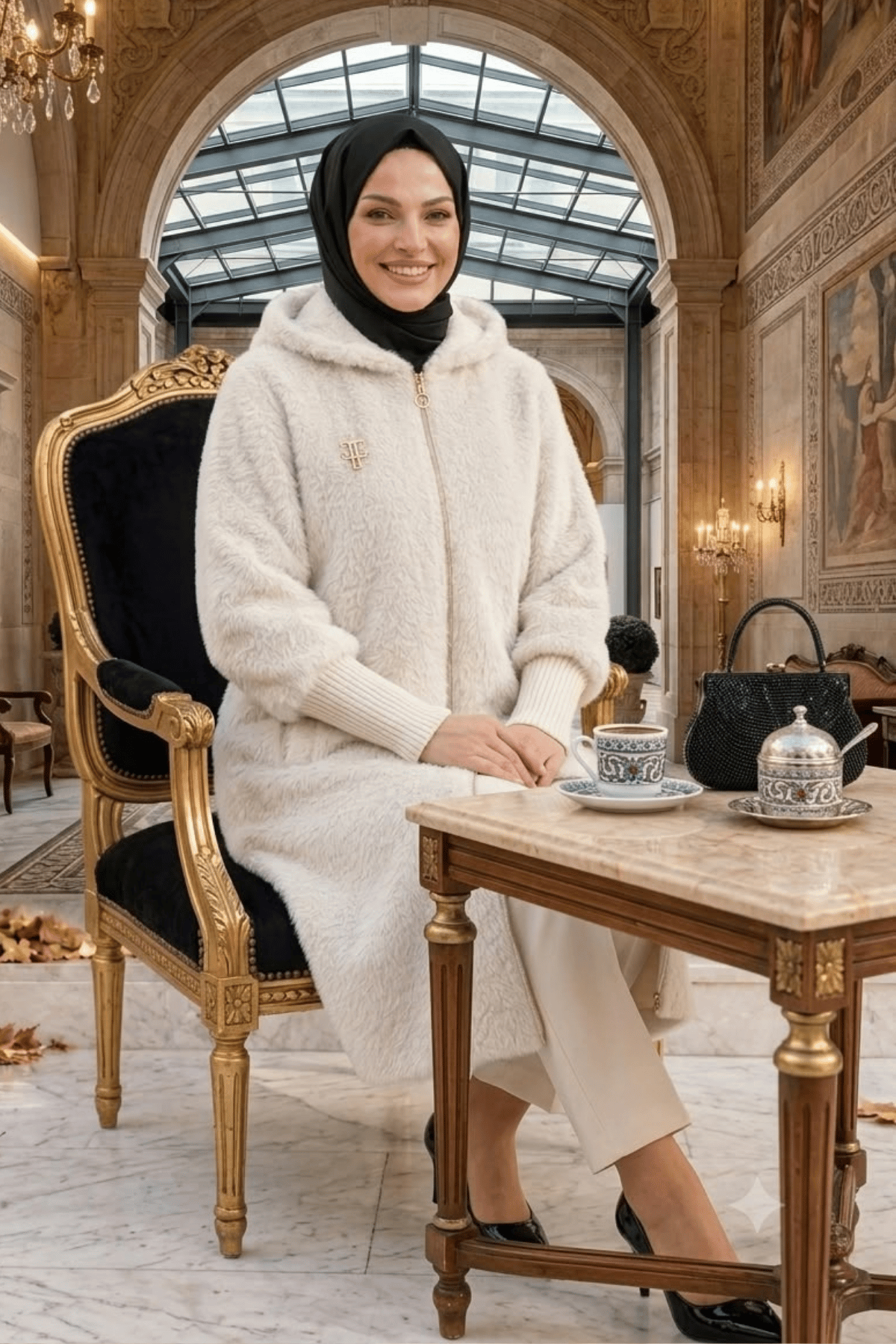 Kadın Fermuarlı Kapüşonlu Angora Beyaz Kürk Kaban