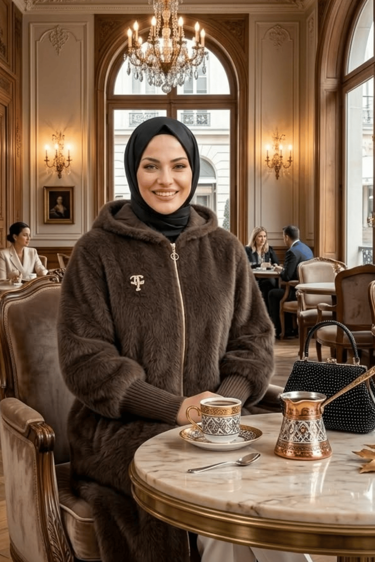 Kadın Fermuarlı Kapüşonlu Angora Kahverengi Kürk Kaban