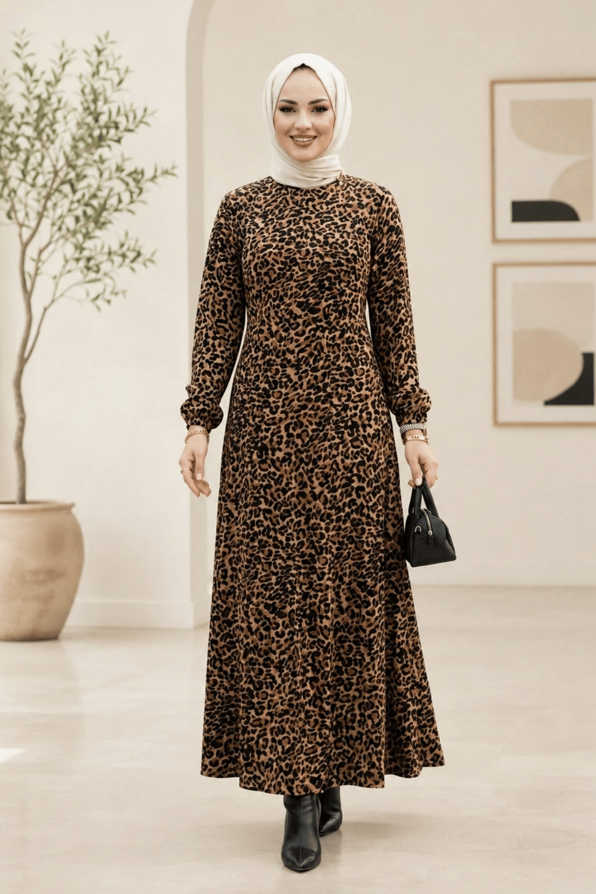 Kadın Fermuarlı Leopar Desenli Viskon Tesettür Elbise
