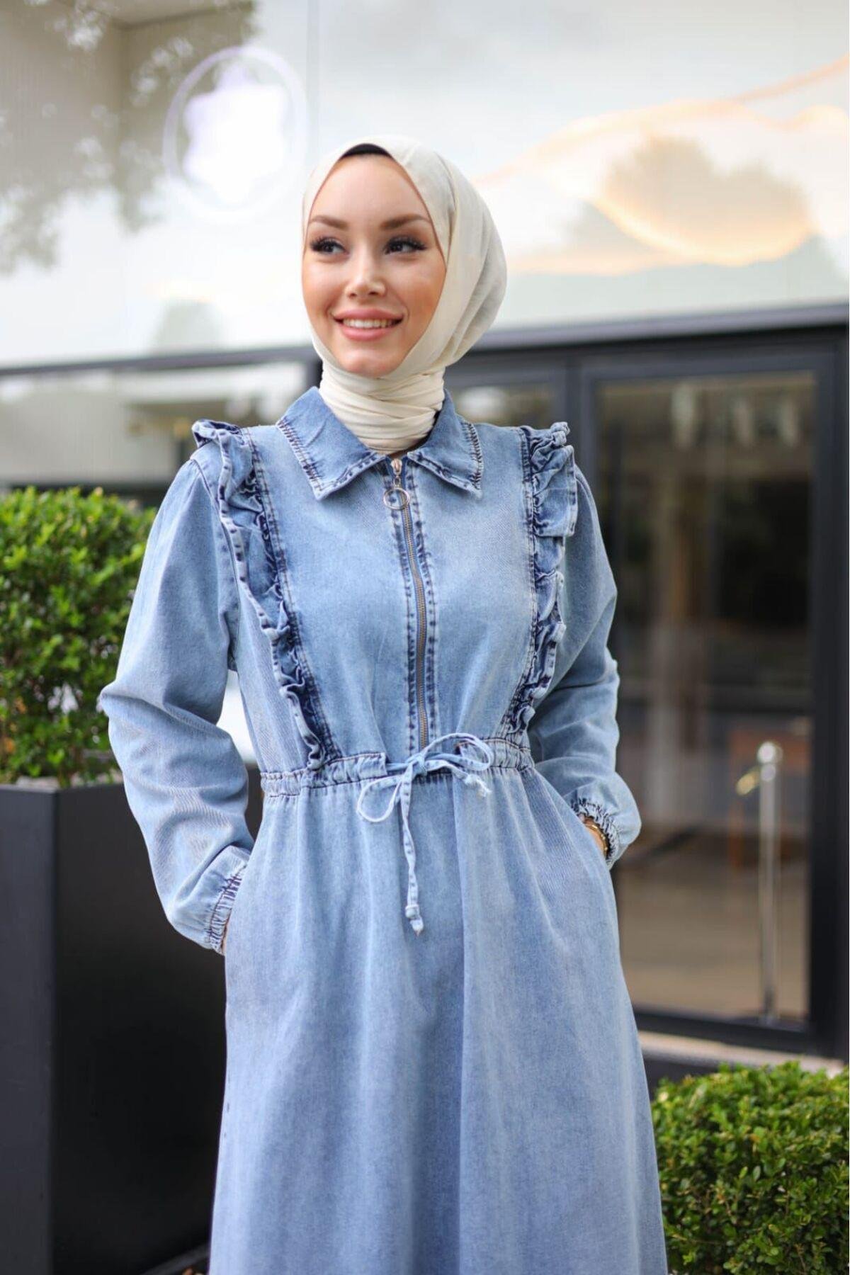 KADIN FIR FIRLI BELDEN BAĞLAMALI DENİM KOT ELBİSE