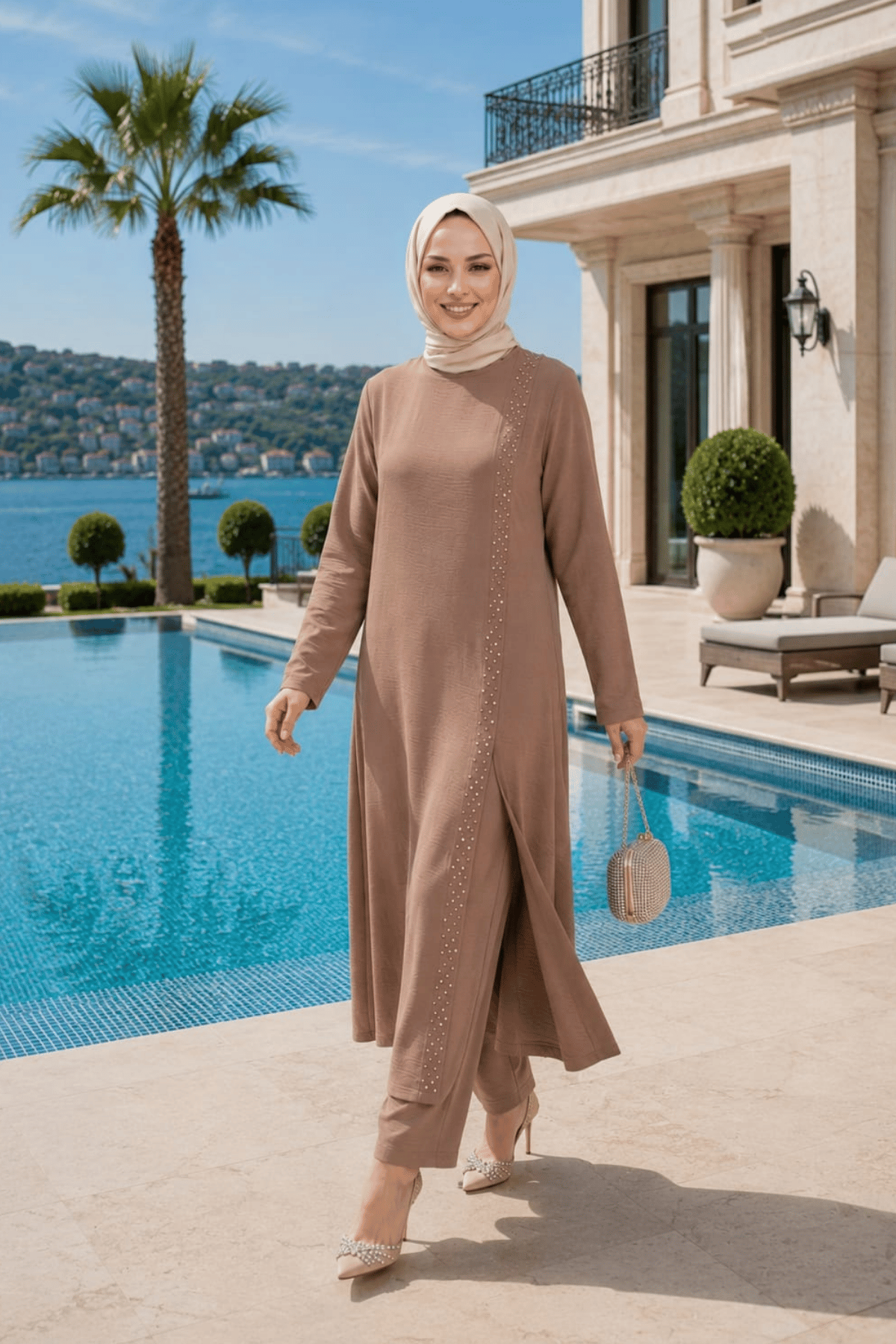 Kadın İnci İşlemeli Bej Tunik-Pantolon İkili Takım 