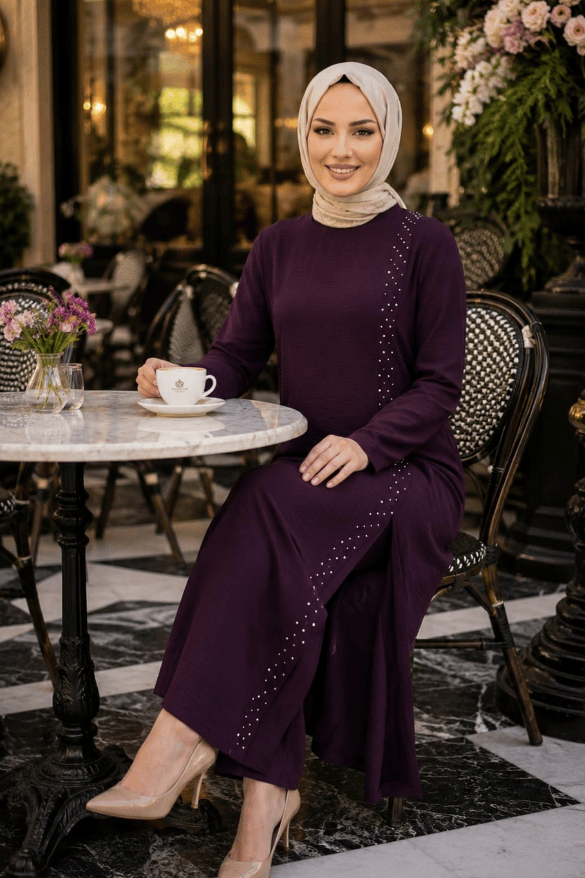 Kadın İnci İşlemeli Bordo Tunik-Pantolon İkili Takım 
