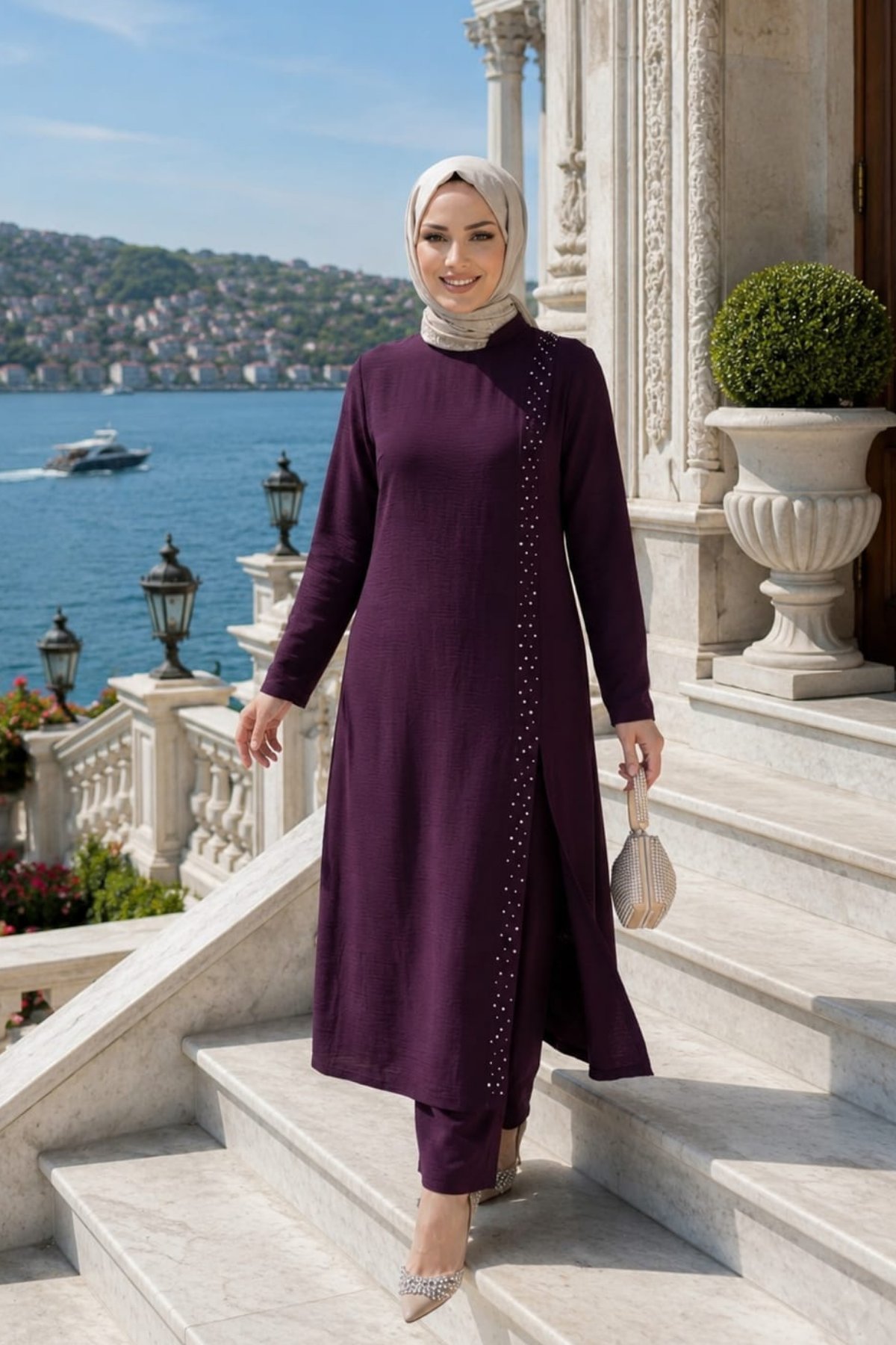 Kadın İnci İşlemeli Bordo Tunik-Pantolon İkili Takım 