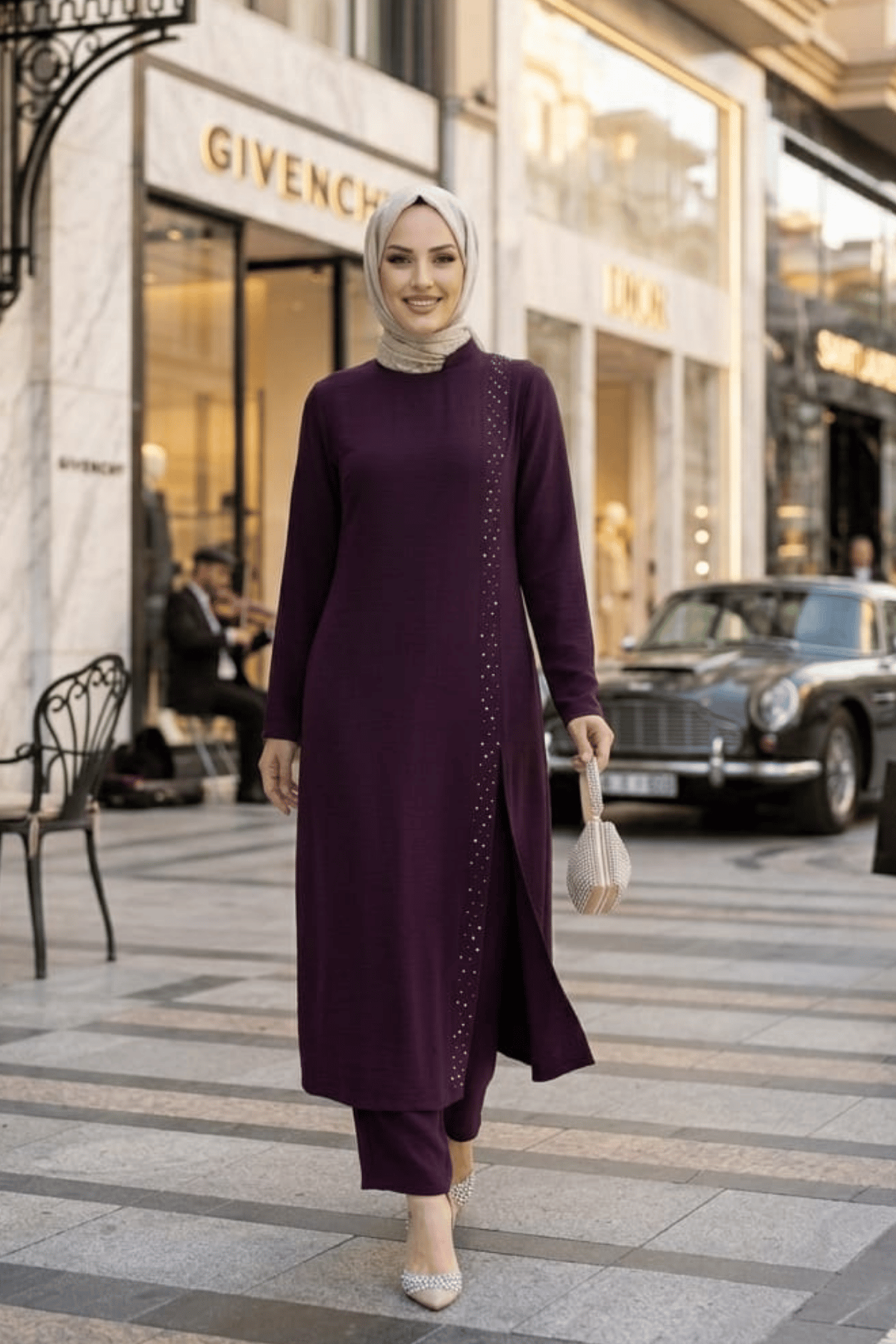 Kadın İnci İşlemeli Bordo Tunik-Pantolon İkili Takım 