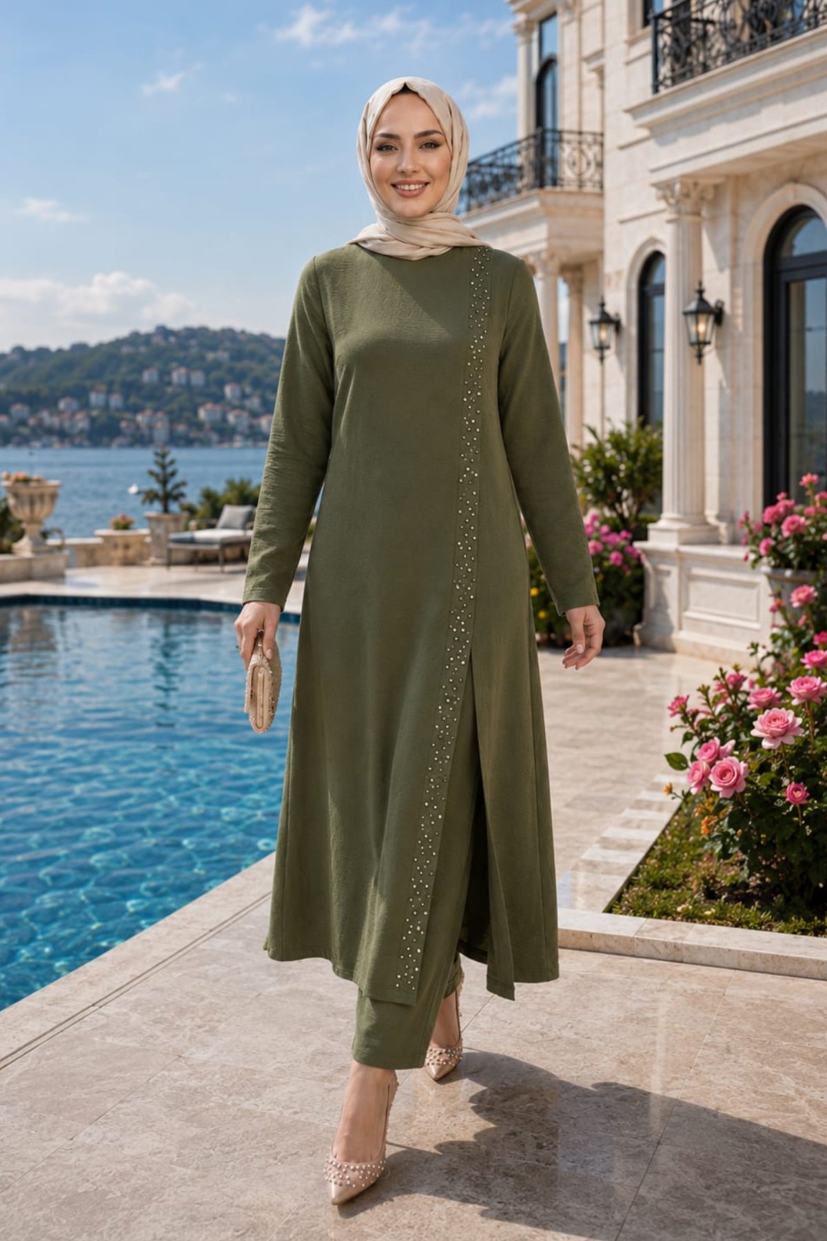 Kadın İnci İşlemeli Haki Tunik-Pantolon İkili Takım 
