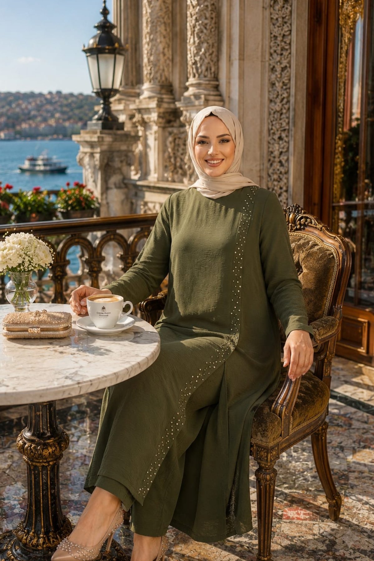 Kadın İnci İşlemeli Haki Tunik-Pantolon İkili Takım 