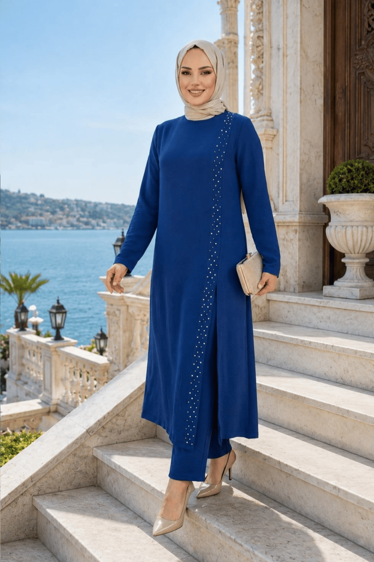 Kadın İnci İşlemeli Mavi Tunik-Pantolon İkili Takım 