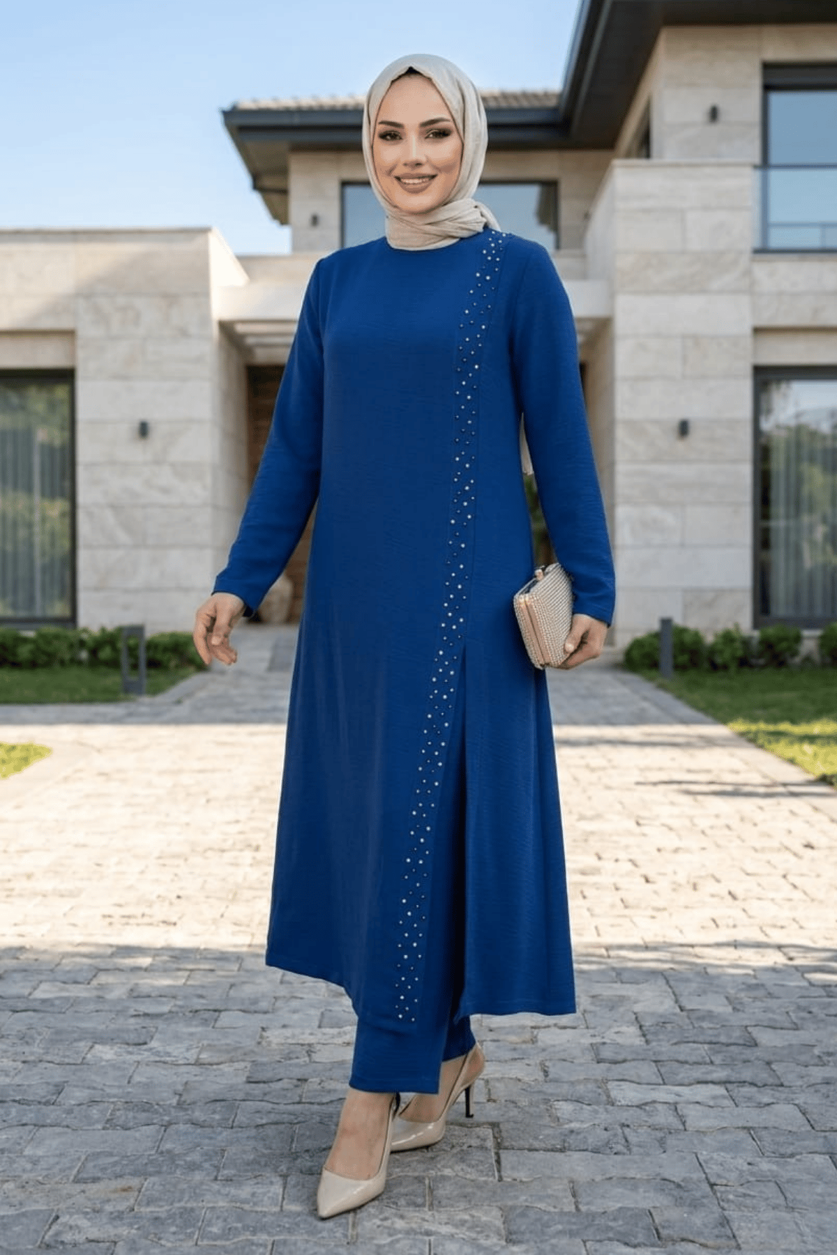 Kadın İnci İşlemeli Mavi Tunik-Pantolon İkili Takım 