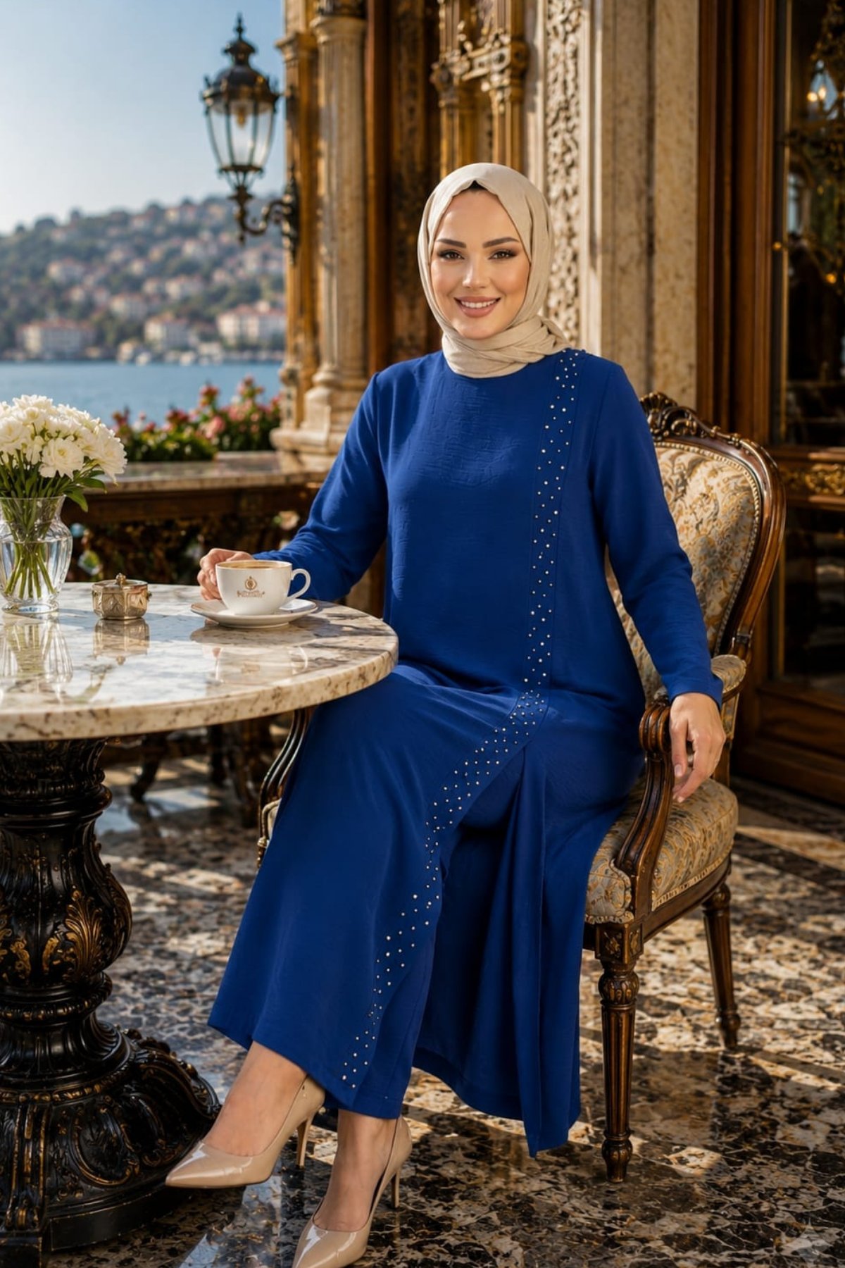 Kadın İnci İşlemeli Mavi Tunik-Pantolon İkili Takım 