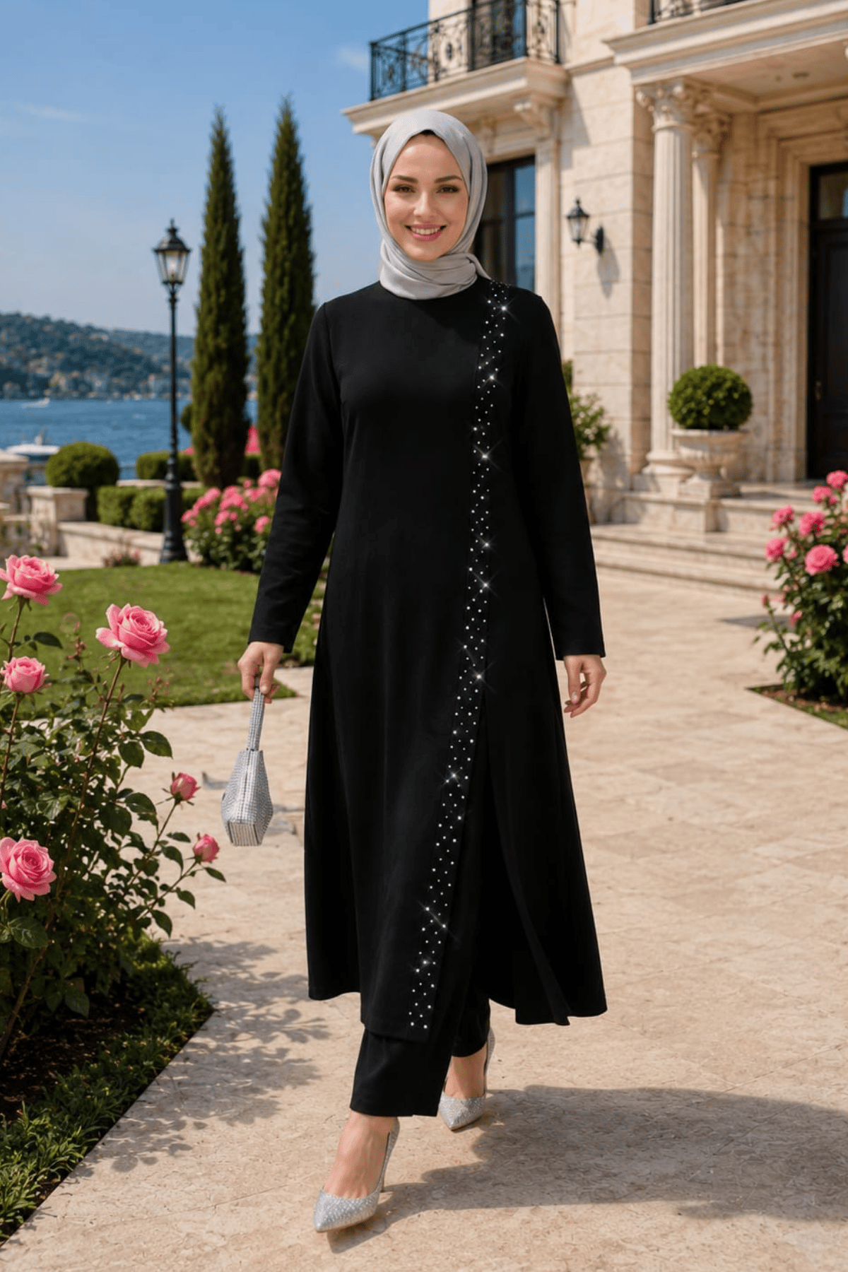 Kadın İnci İşlemeli Siyah Tunik-Pantolon İkili Takım 