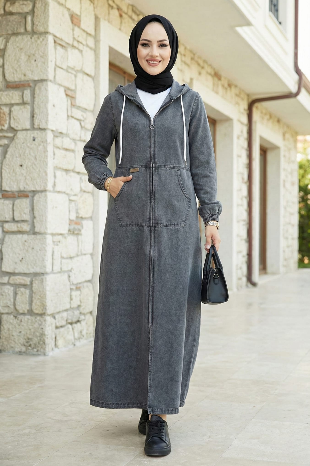 Kadın Kapüşonlu, Cepli ve Fermuarlı Denim Koyu Gri Kot Kap