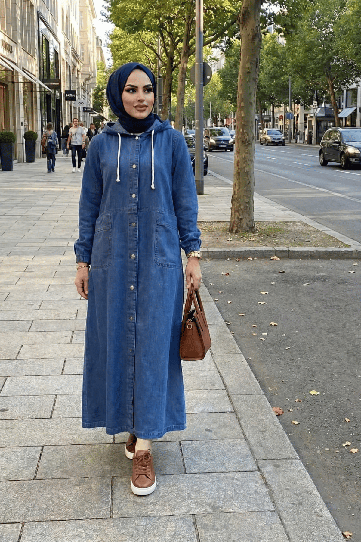 Kadın Kapüşonlu Düğmeli Cepli Kot Mavi Kap