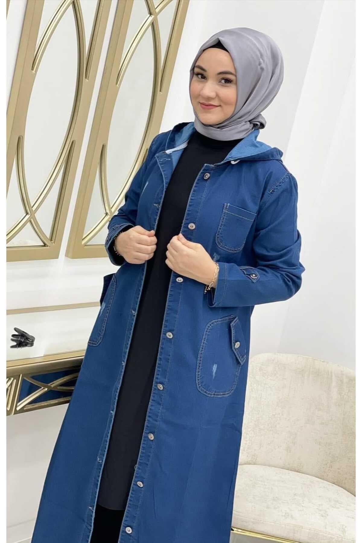 KADIN KAPÜŞONLU DÜĞMELİ DENİM KOT KAP