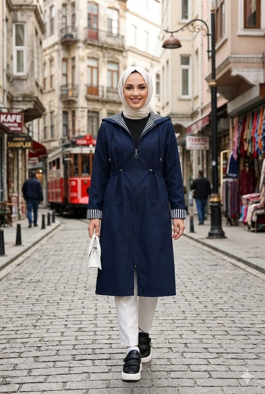 Kadın Kapüşonlu  Fermuarlı Ara Boy Bondit Kumaş Lacivert Trenç