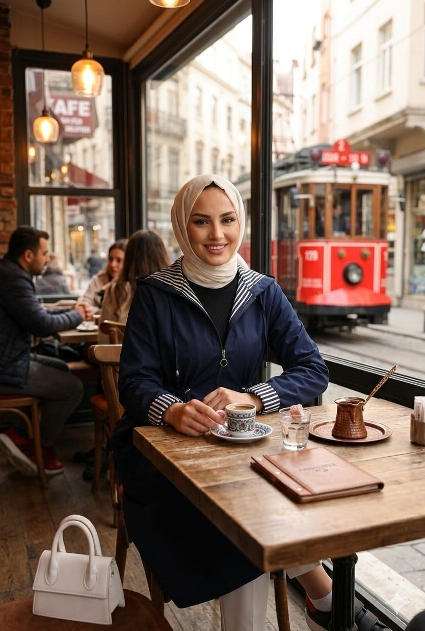 Kadın Kapüşonlu  Fermuarlı Ara Boy Bondit Kumaş Lacivert Trenç