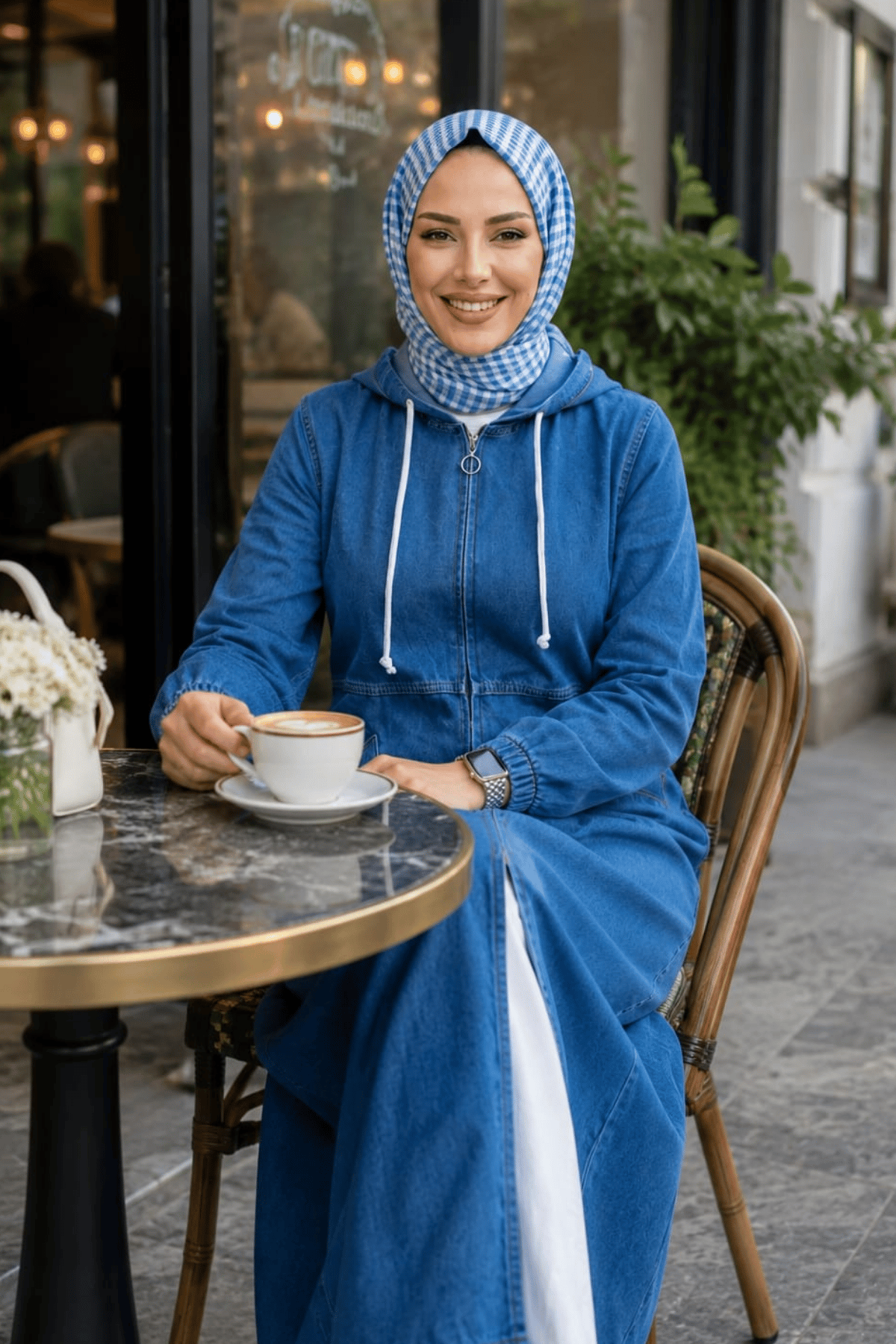 Kadın Kapüşonlu Fermuarlı Cepli Kot Koyu Mavi Kap