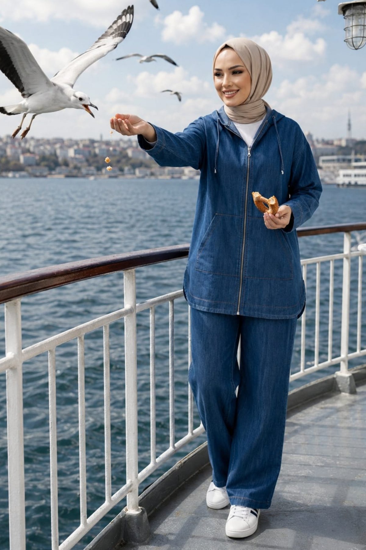 Kadın Kapüşonlu Fermuarlı İnce Kot Koyu  Mavi Tunik Pantolon Takım