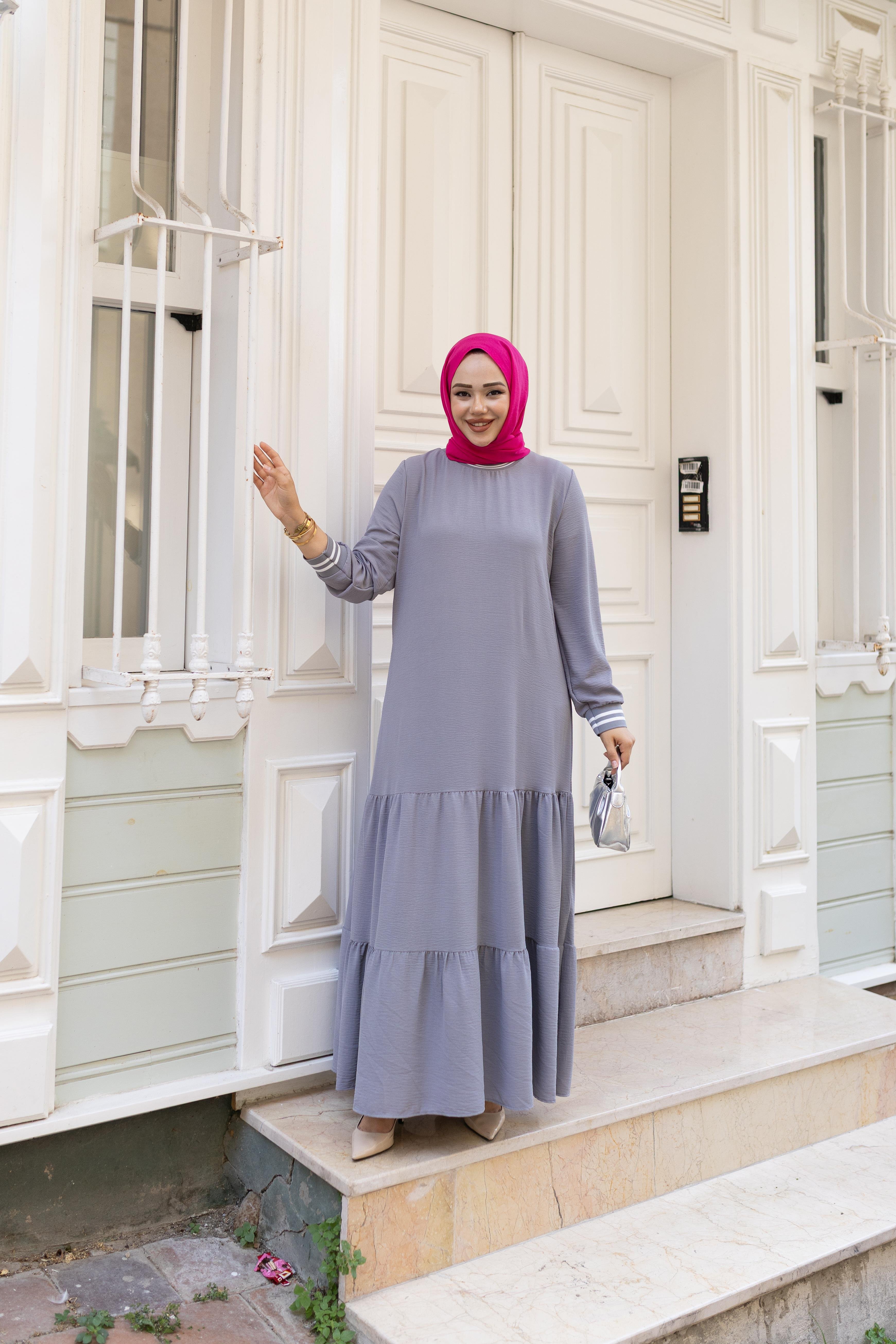 Kadın Kat Kat Ribanalı Gri Tesettür Elbise