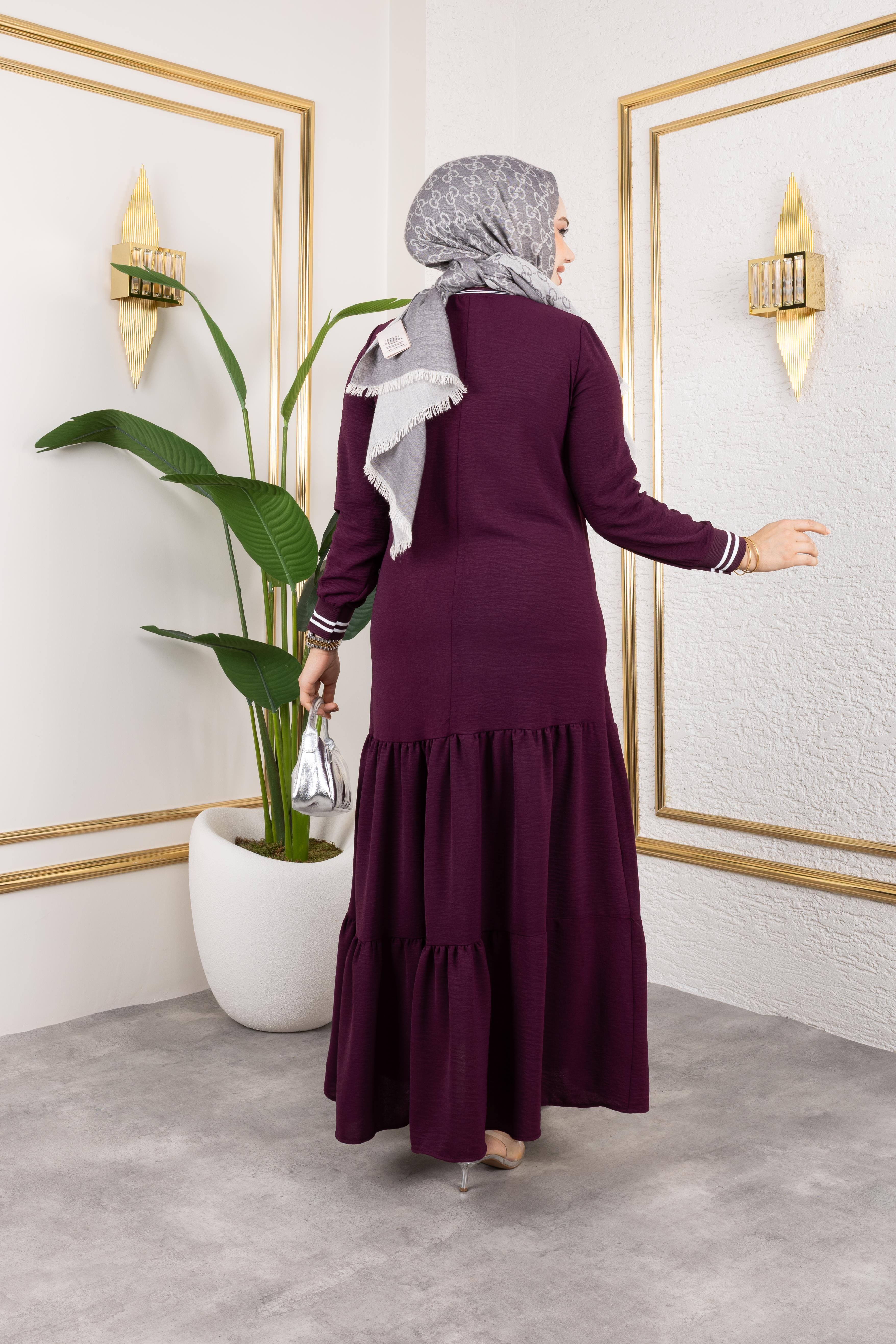 Kadın Kat Kat Ribanalı Mor Tesettür Elbise