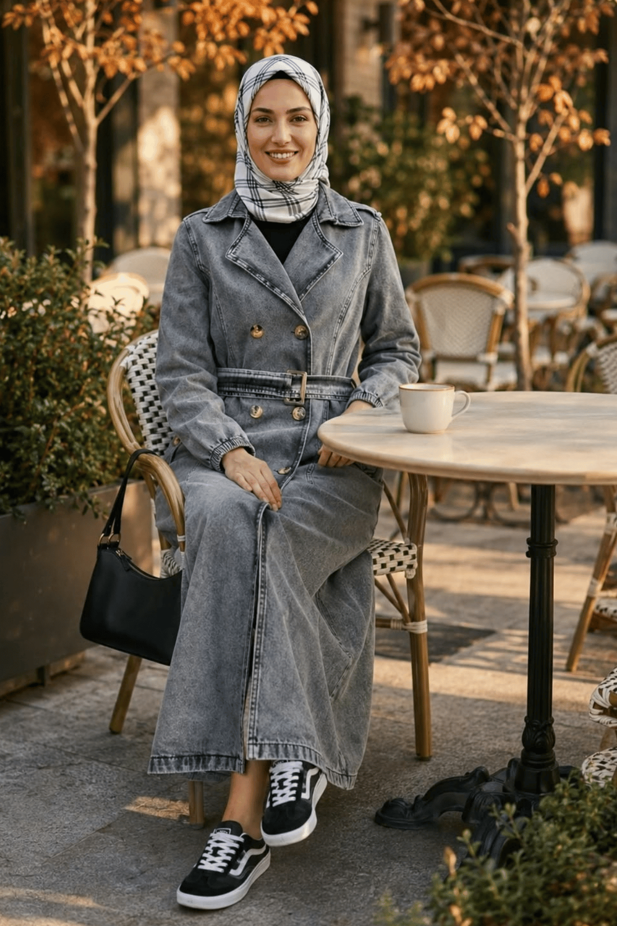 Kadın Kemerli Düğmeli Cepli Gri  Trençkot