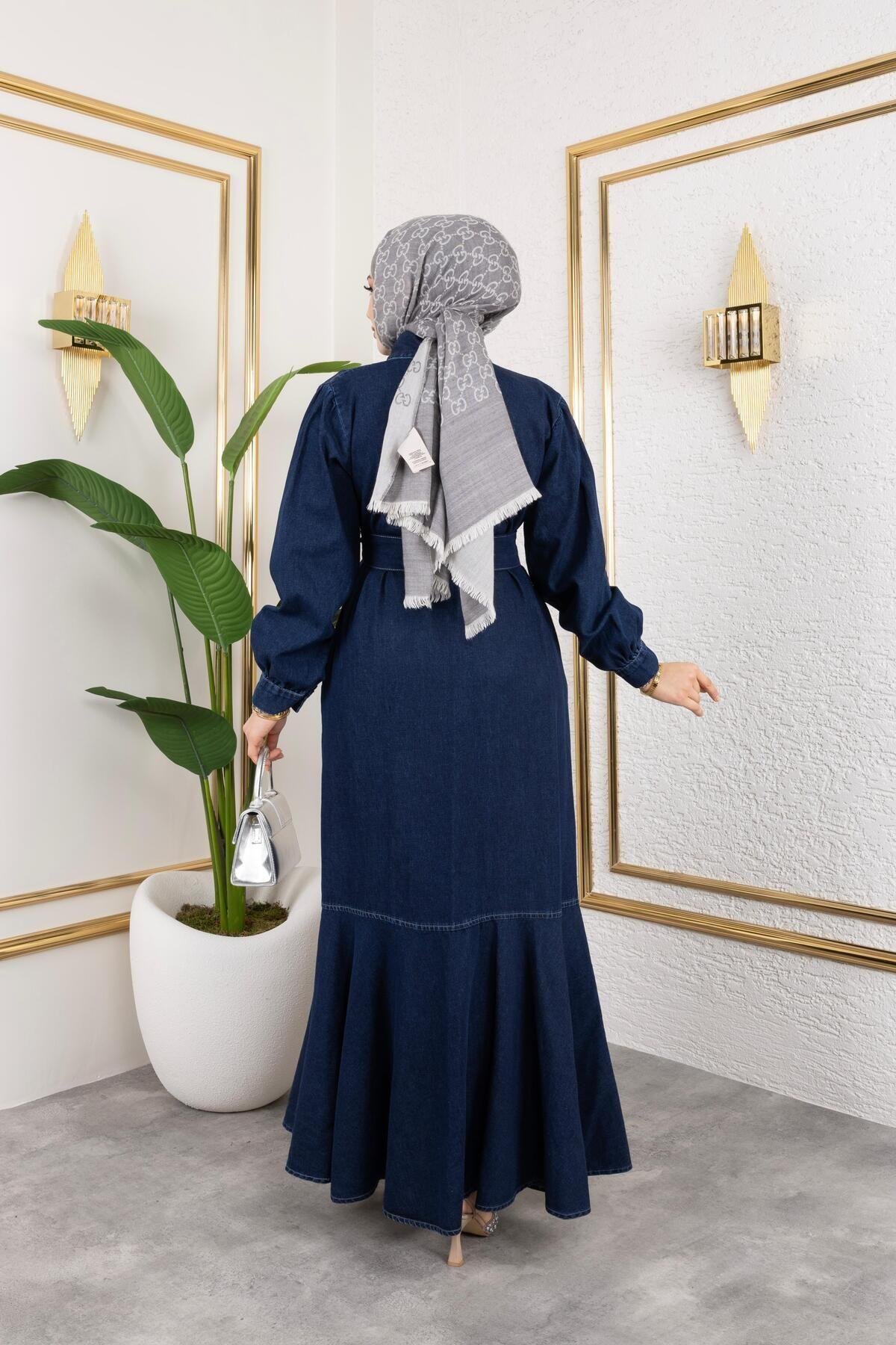 KADIN KUŞAKLI DÜĞMELİ KOT ELBİSE