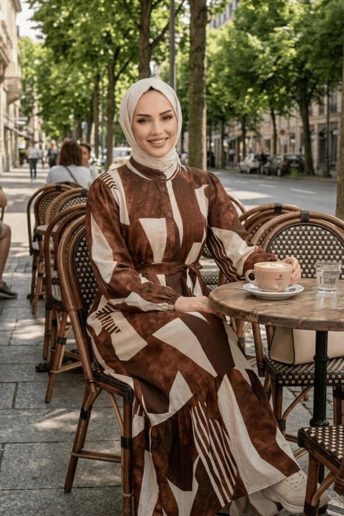 Kadın Kuşaklı Viskon Kumaş Tesettür Kahverengi Elbise
