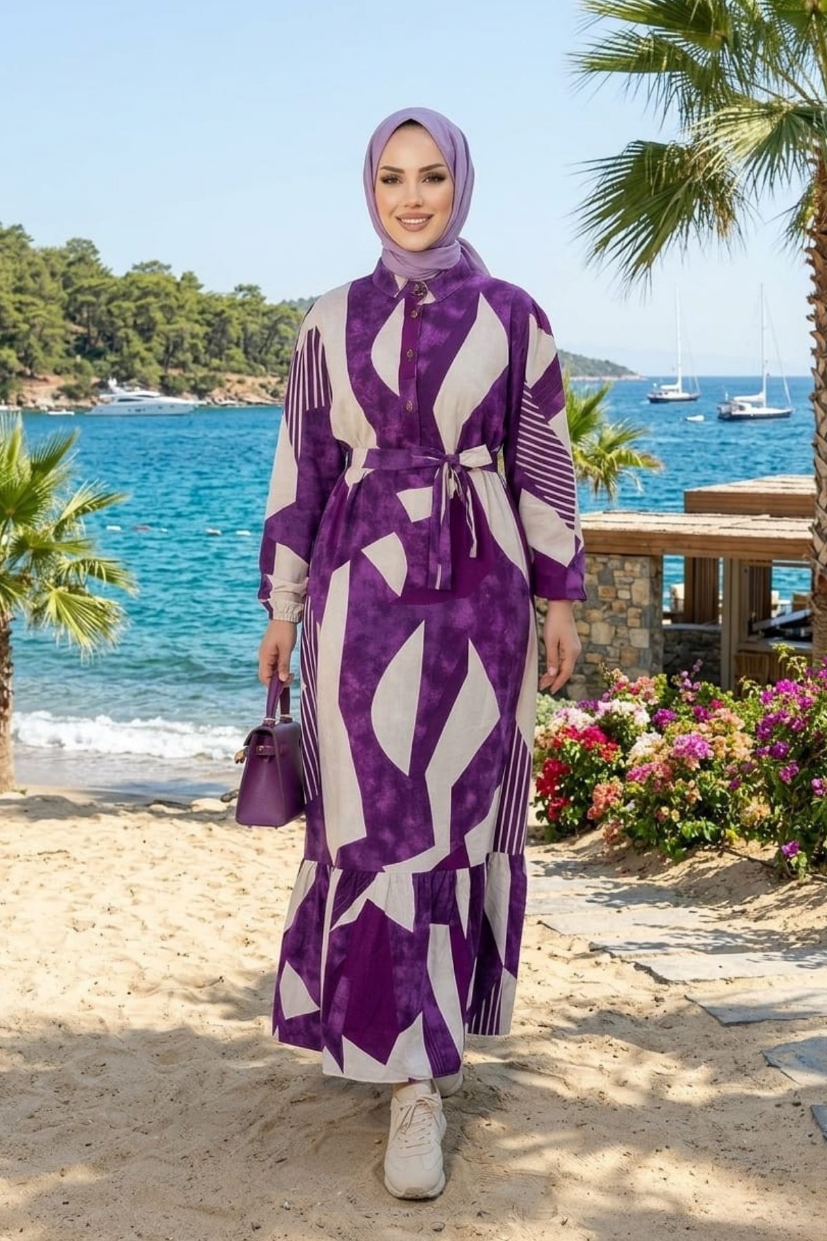 Kadın Kuşaklı Viskon Kumaş Tesettür Mor Elbise