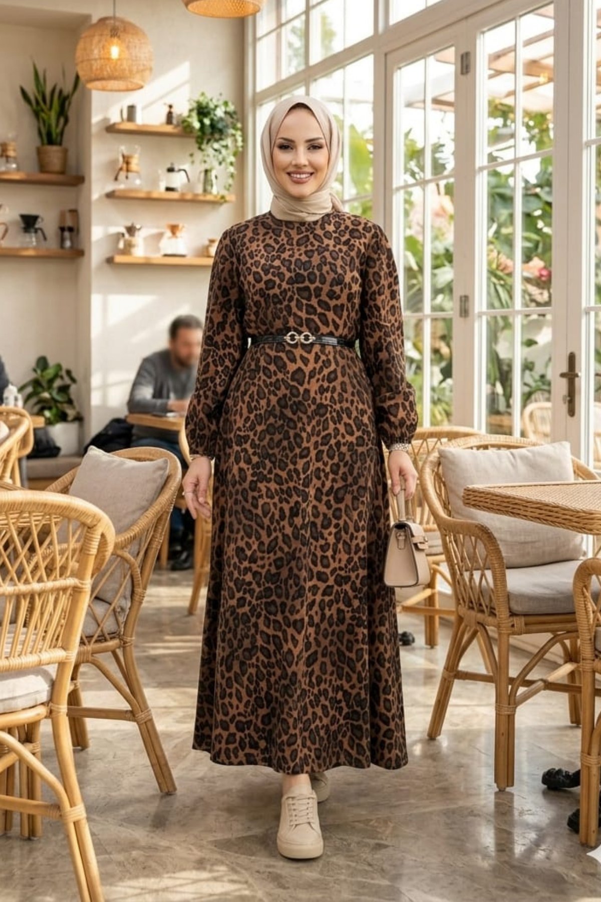 Kadın Modal Kumaş Kemerli Leopar Desenli Elbise