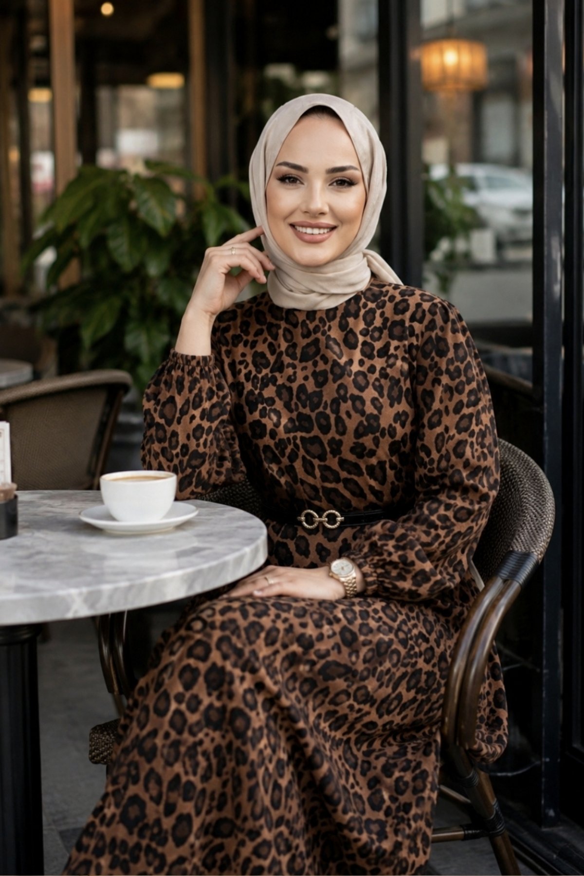 Kadın Modal Kumaş Kemerli Leopar Desenli Elbise