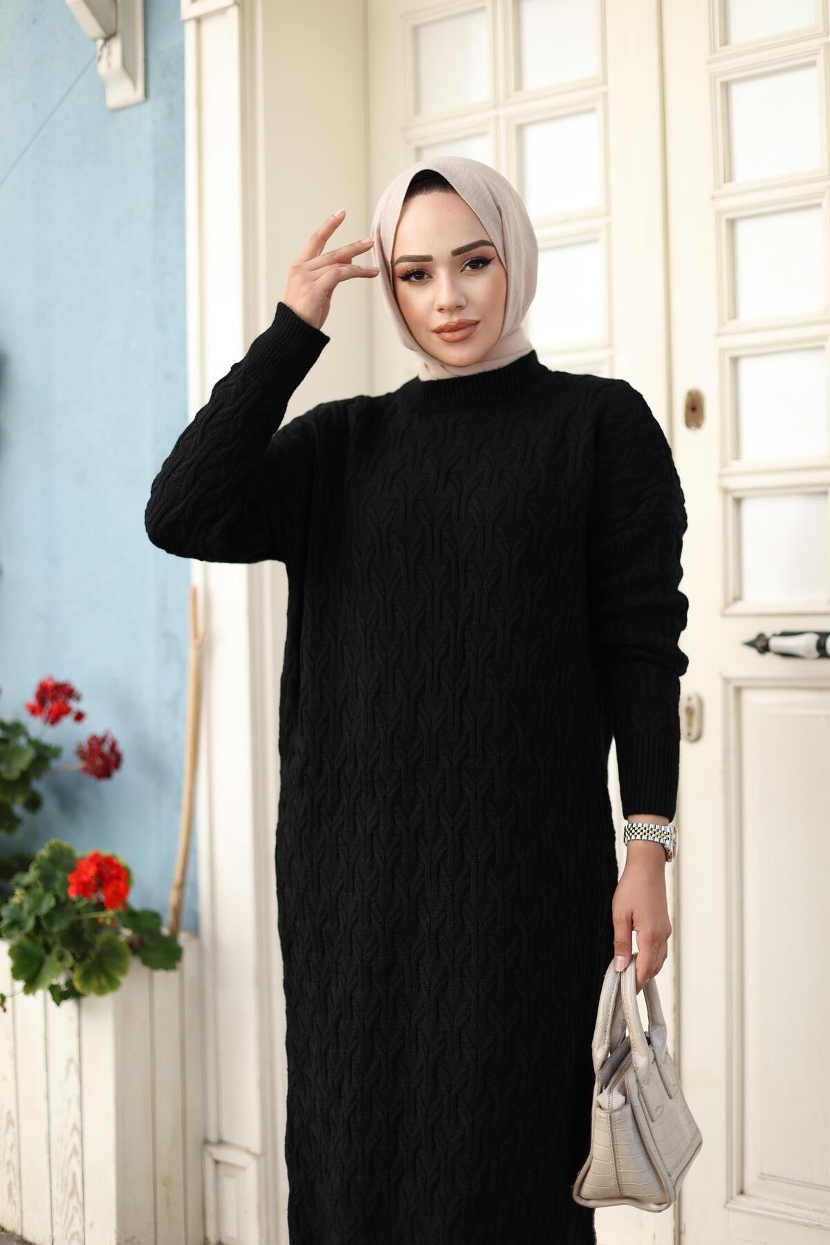 KADIN ÖRME DESENLİ TRİKO TESETTÜR ELBİSE
