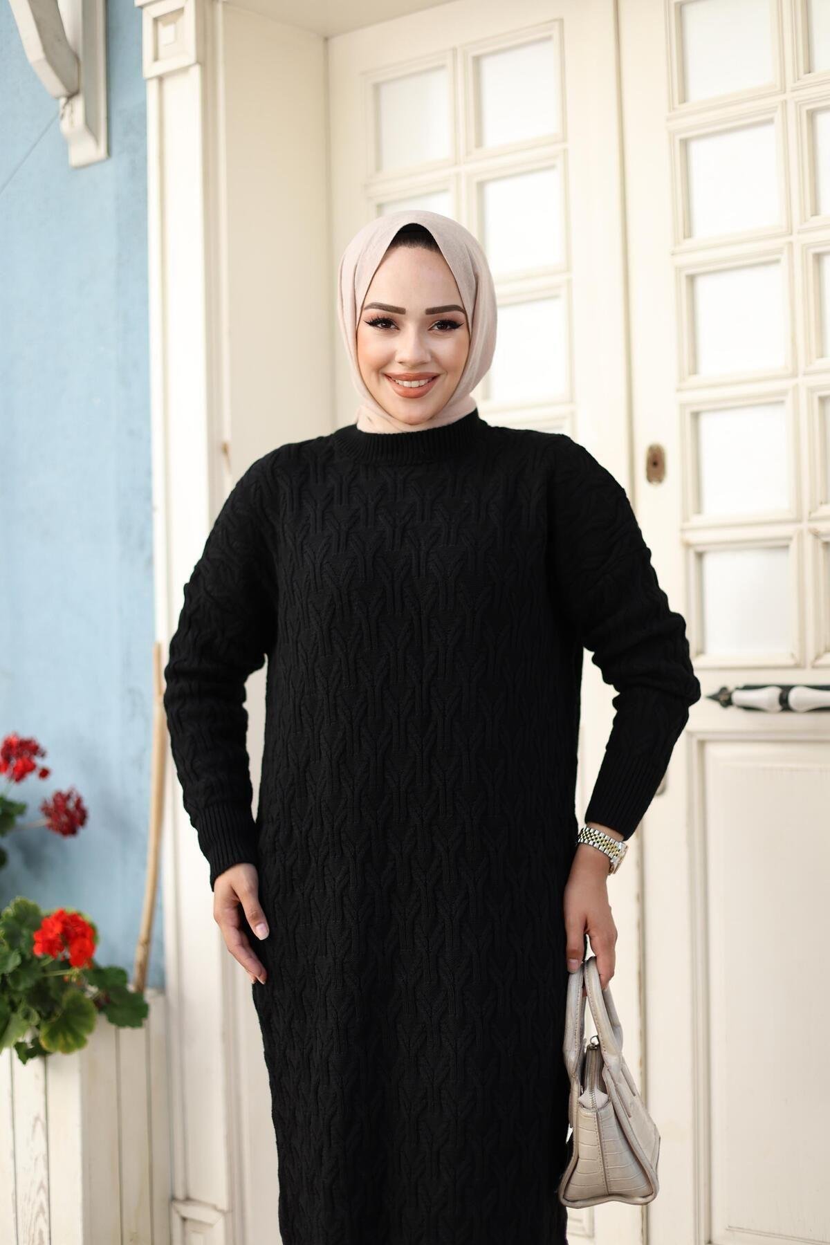 KADIN ÖRME DESENLİ TRİKO TESETTÜR ELBİSE