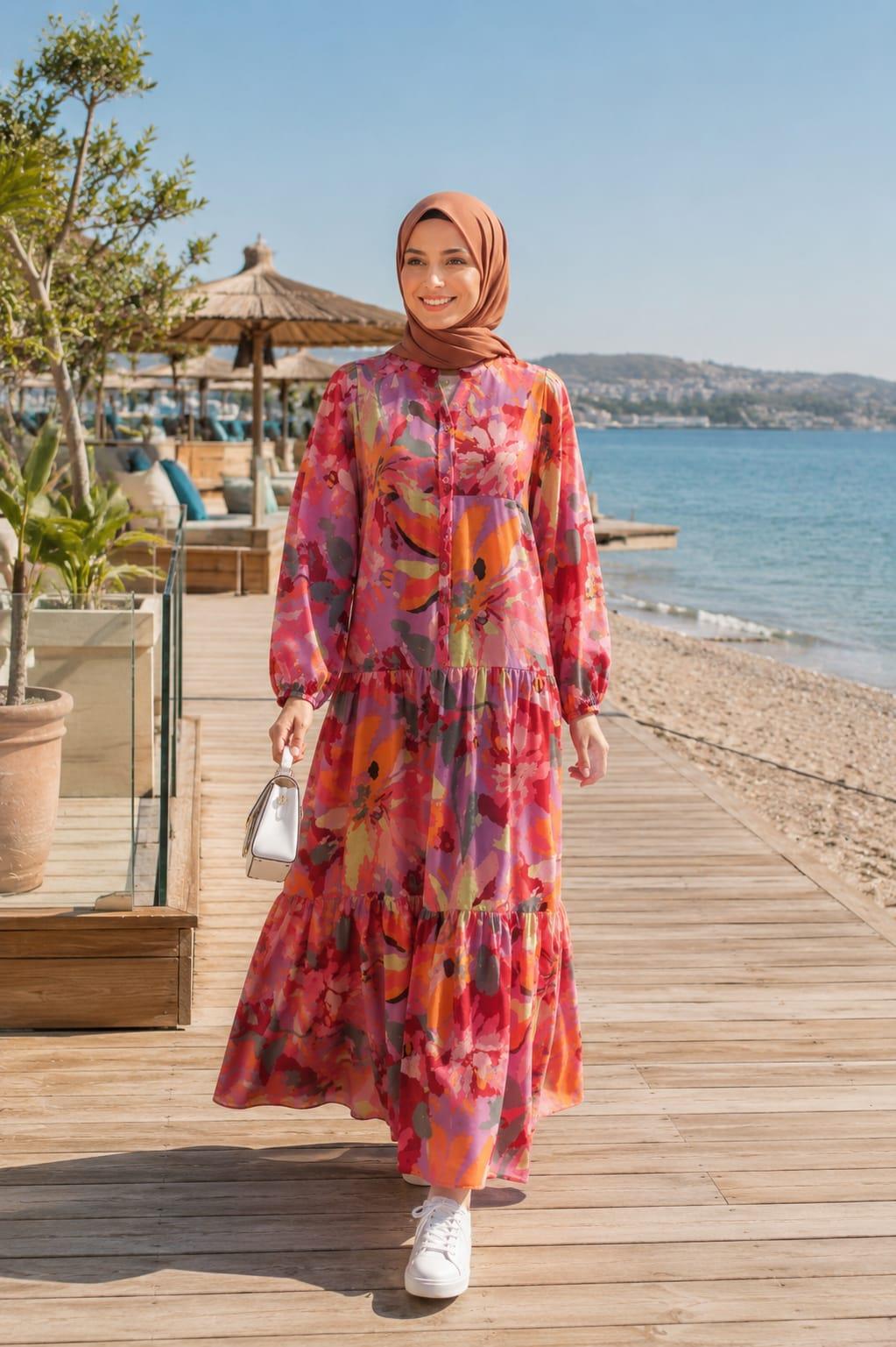 Kadın Rahat Kesim Desenli Modal Kumaş Kırmızı Elbise