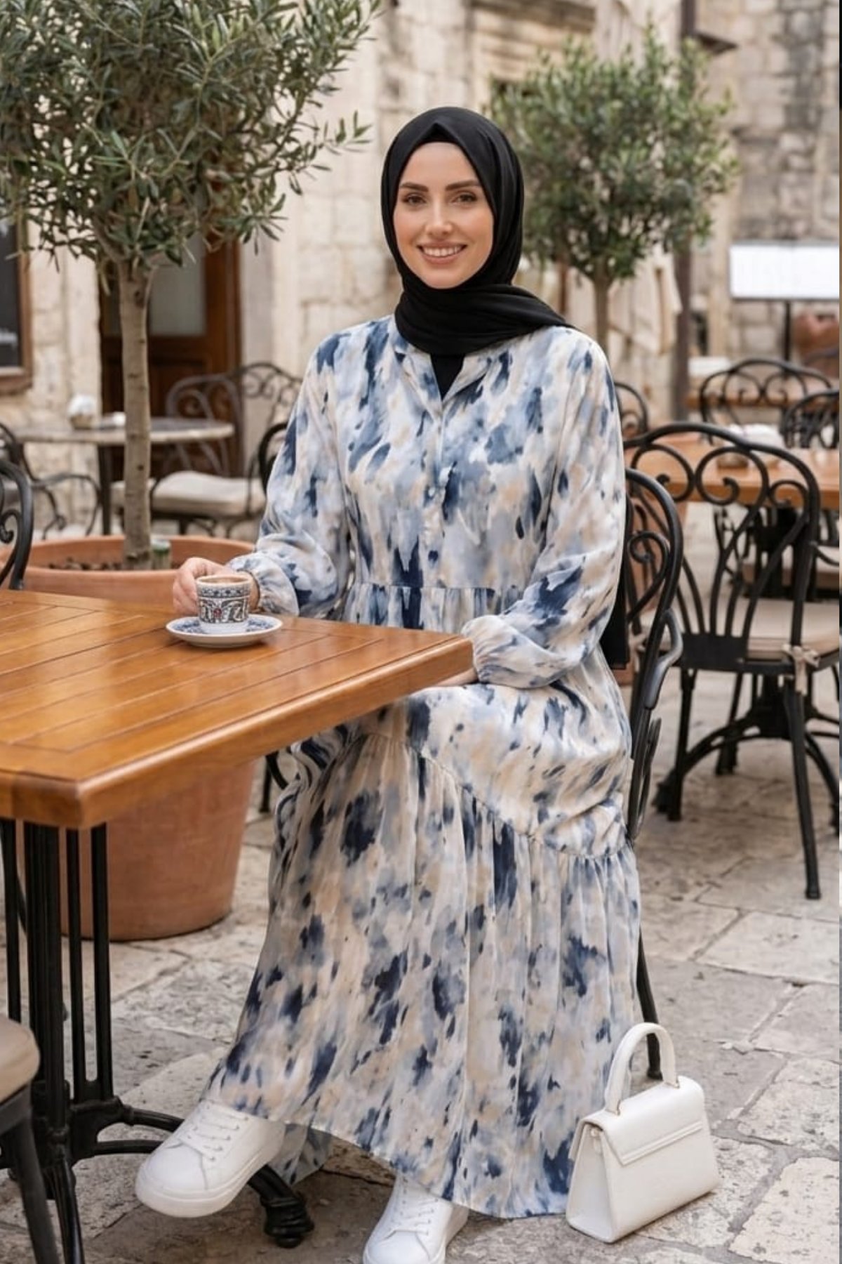 Kadın Rahat Kesim Desenli Modal Kumaş Beyaz Elbise