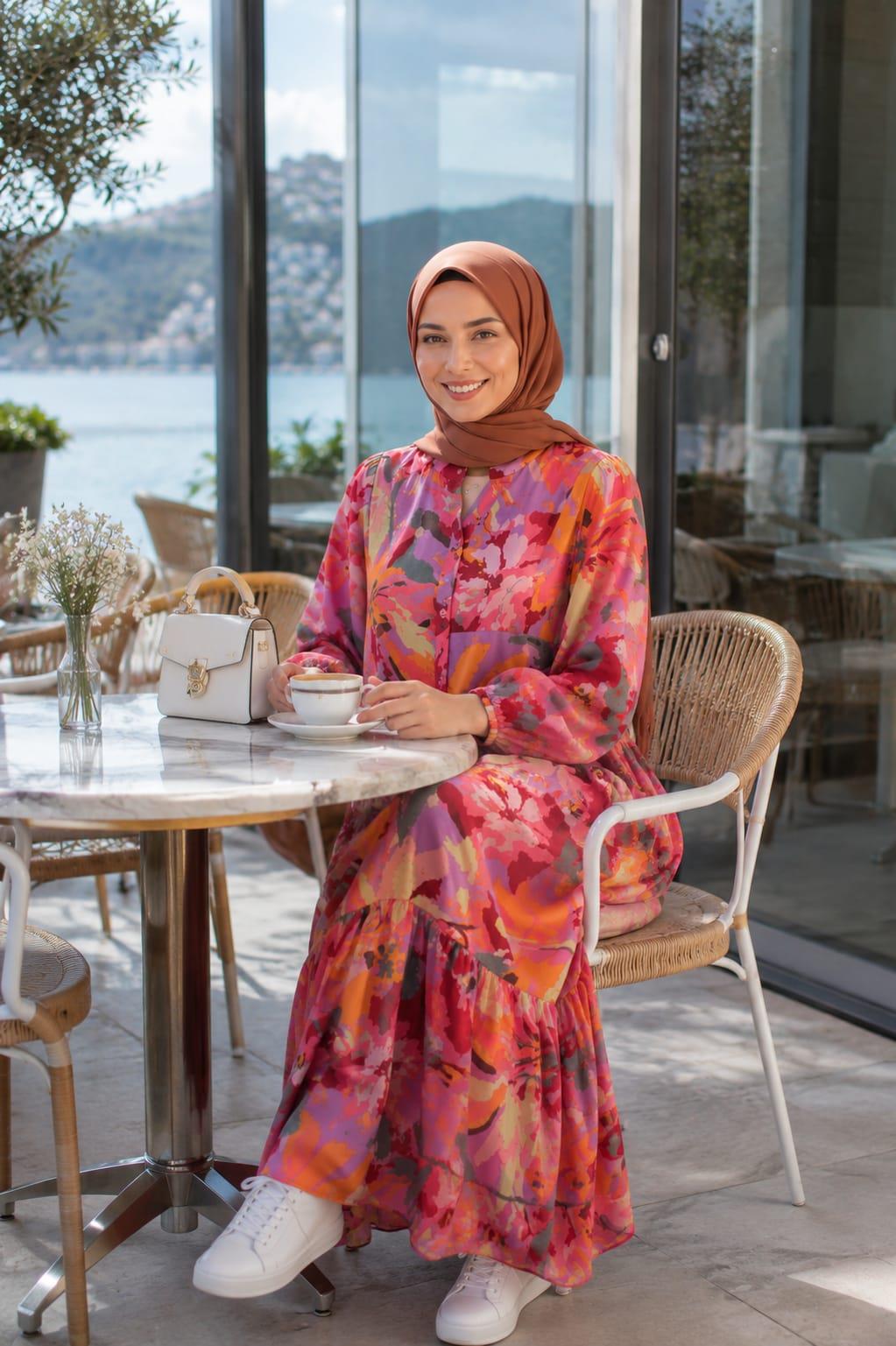 Kadın Rahat Kesim Desenli Modal Kumaş Kırmızı Elbise