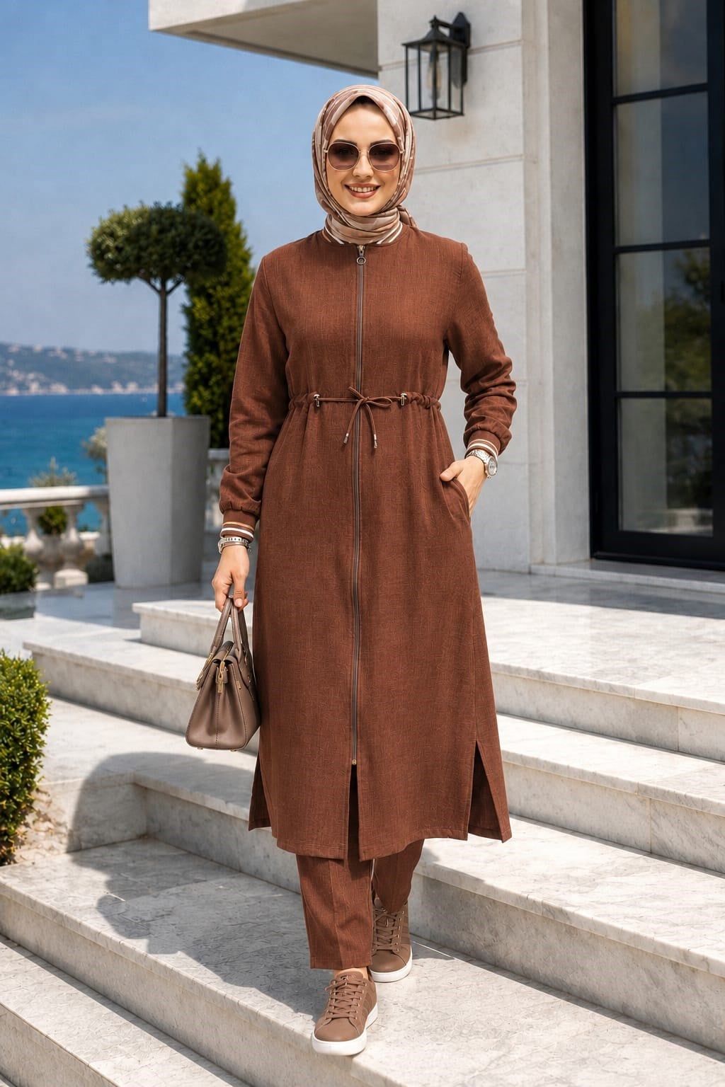 Kadın Ribanalı Fermuarlı Kahverengi  Keten Tunik Pantolon İkili Takım