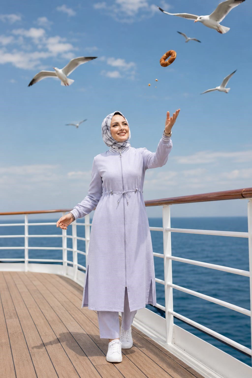 Kadın Ribanalı Fermuarlı Keten Tunik Pantolon Gri İkili Takım