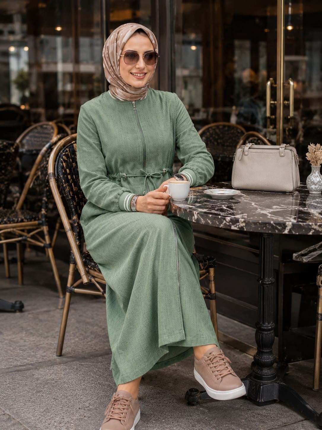 Kadın Ribanalı Fermuarlı   Keten Tunik Pantolon Yeşil İkili Takım