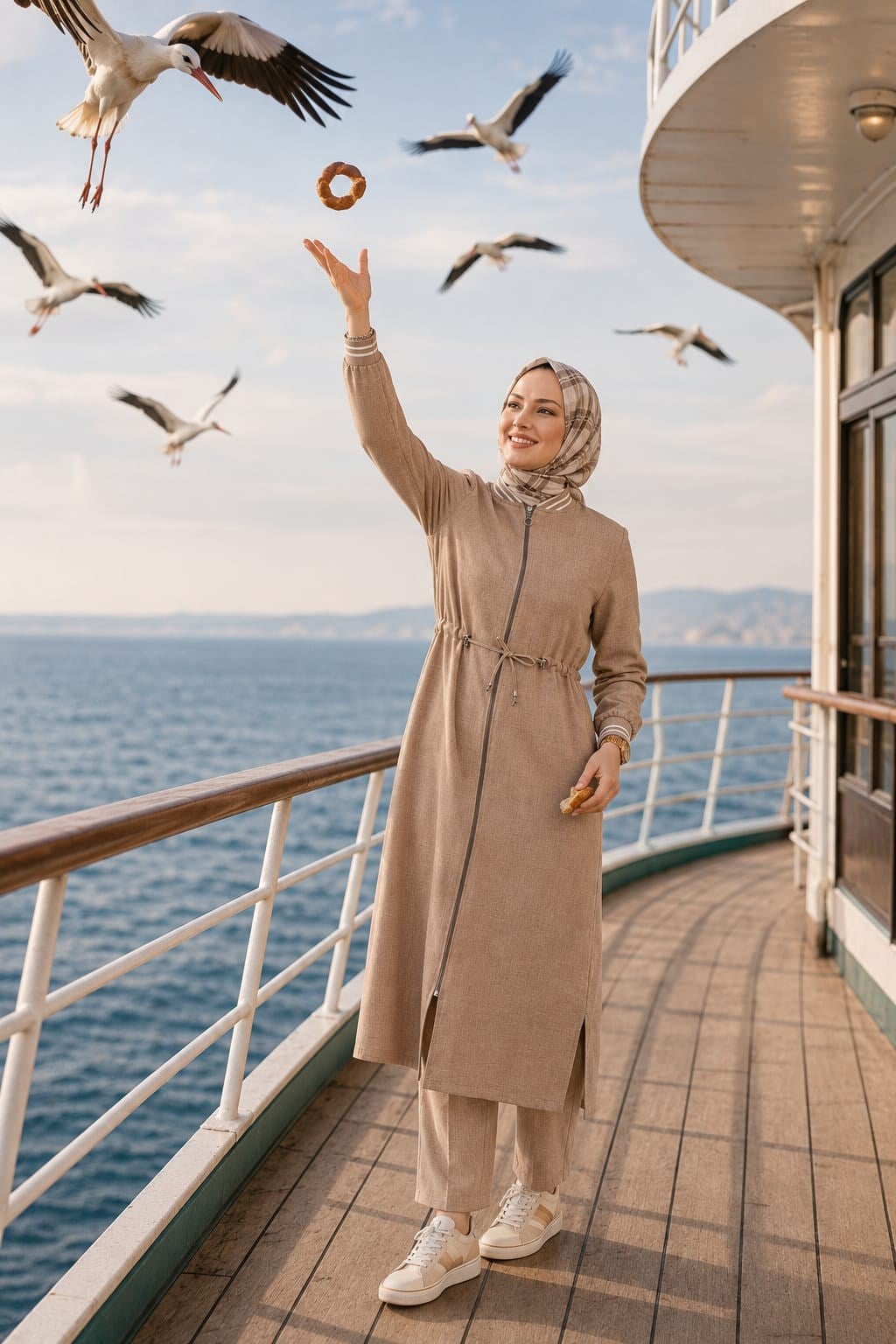 Kadın Ribanalı Fermuarlı Keten Tunik Pantolon Bej İkili Takım