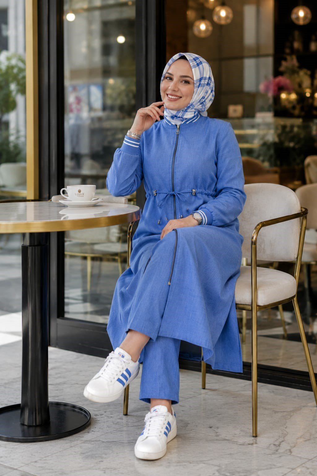 Kadın Ribanalı Fermuarlı Keten Tunik Pantolon Mavi İkili Takım