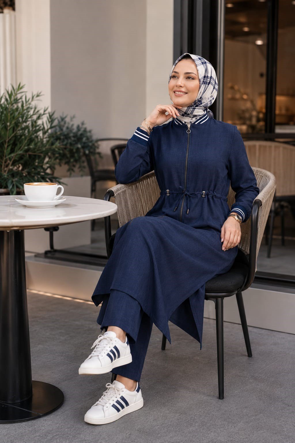 Kadın Ribanalı Fermuarlı Keten Tunik Pantolon Lacivert İkili Takım